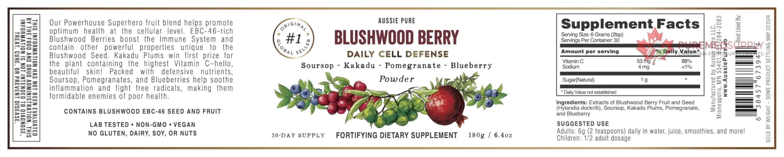 Aussie Pure Blushwood Berry Superfruit Daily Cell Defense - Soursop - Kakadu Plum - Pomegranate - Blueberry - Immune and Cell Support Powder - All Ages - Lab Tested and Authenticated - 180g/6.4oz Aussie Pure buy supplements canada