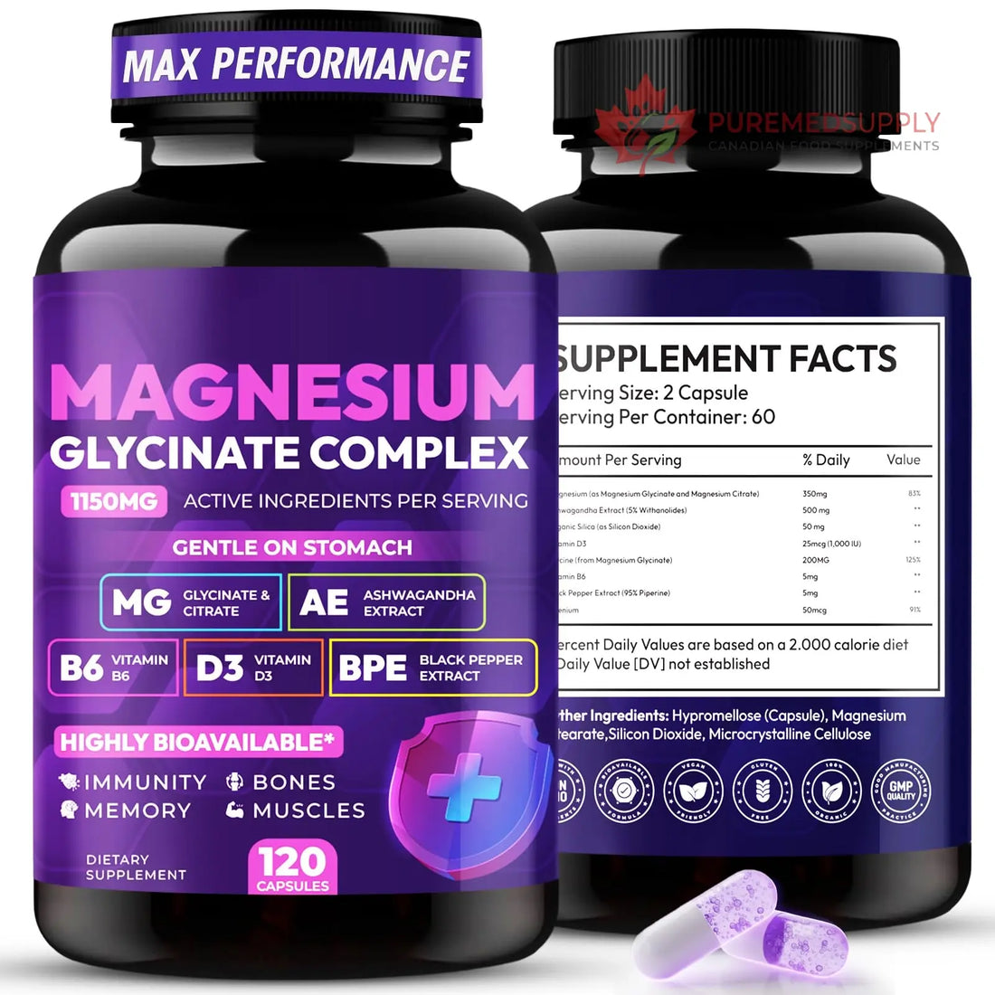 Magnesium Glycinate Complex 1150mg - Gentle on Stomach High Absorption Magnesium Capsules with Citrate, Silica, Ashwagandha & Vitamin B6 for Zzz, Stress Relief, Muscle Support for Adults, Women & Men Cytona buy supplements canada
