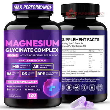 Magnesium Glycinate Complex 1150mg - Gentle on Stomach High Absorption Magnesium Capsules with Citrate, Silica, Ashwagandha & Vitamin B6 for Zzz, Stress Relief, Muscle Support for Adults, Women & Men Cytona buy supplements canada