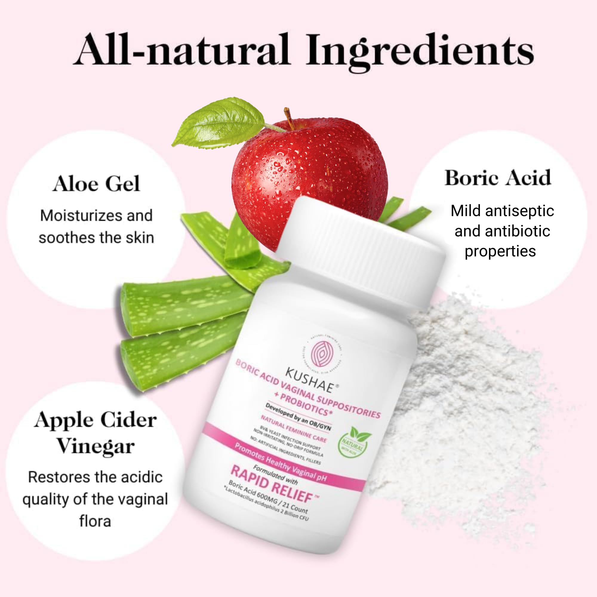 Kushae Boric Acid Suppositories + Rapid Relief, All Natural Female Suppositories with Probiotics & Aloe Vera, Relieves Discomfort & Balances pH Level Bottle Only 21 Capsules Kushae buy supplements canada
