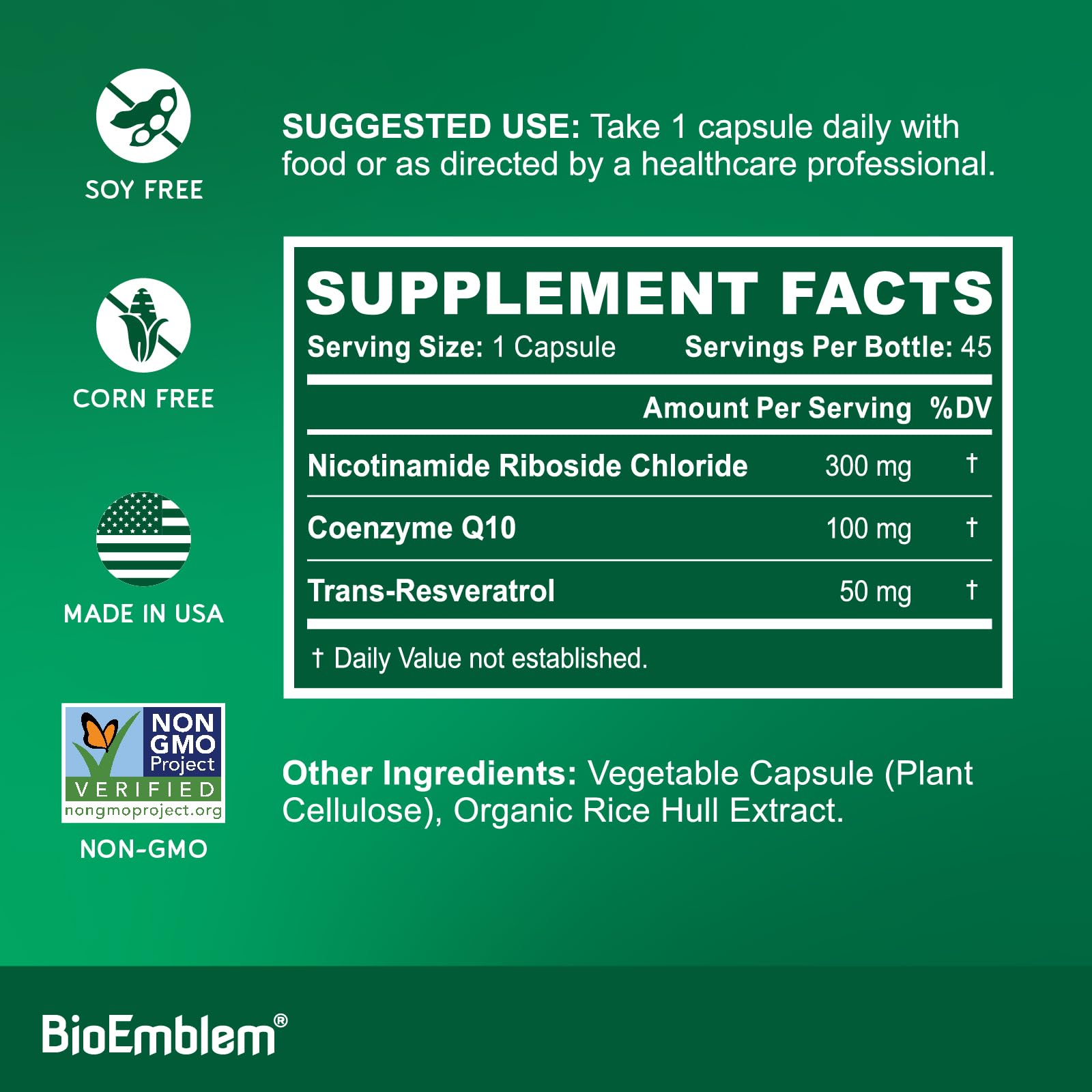 BioEmblem NAD+ Supplement | 300 mg Nicotinamide Riboside with CoQ10 & Resveratrol | Supports Healthy Aging, Cellular Energy and Cognitive Function | Non-GMO, Gluten Free - 45 Capsules BioEmblem buy supplements canada