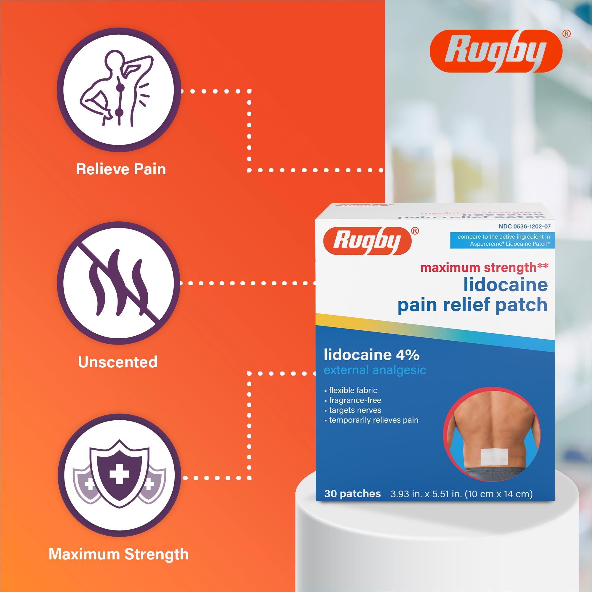 Rugby Maximum Strength Lidocaine Pain Relief Patch - 4% Lidocaine - Topical Anesthetic - Unscented - 30 Patches (1 Pack) RUGBY LABORATORIES buy supplements canada