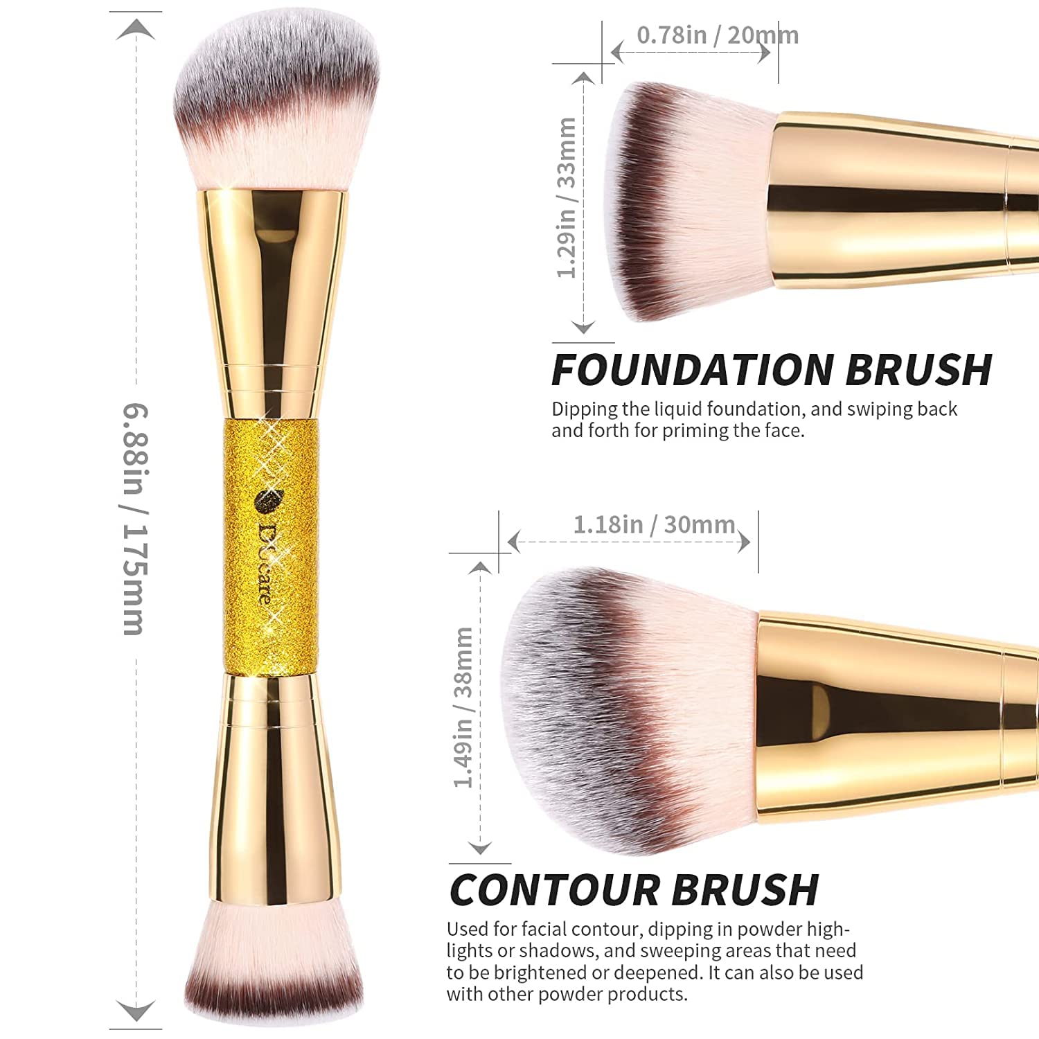 DUcare Dual End Foundation Contour Bronzer Brush, Gold Glitter Handle Double Ended Professional Face Makeup Tool for Liquid Cream Powder DUcare buy supplements canada