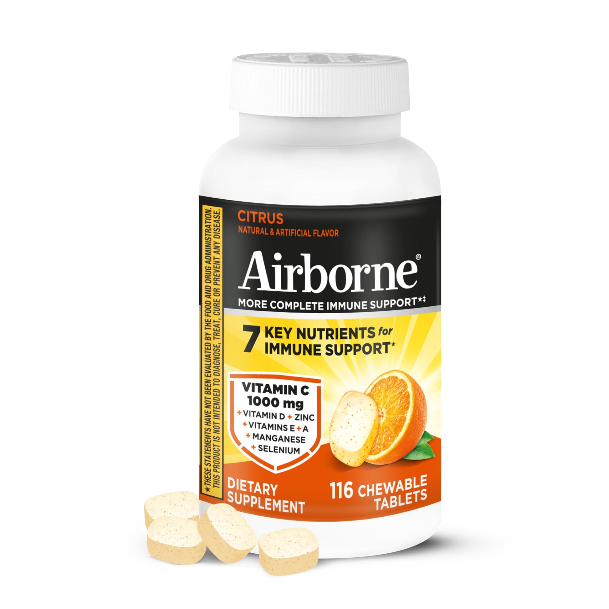 Airborne Vitamin C 1000mg (per Serving) - Citrus Chewable Tablets (116 Count in a Bottle), Gluten-Free Immune Support Supplement, with Vitamins A C E, Zinc, Selenium Airborne buy supplements canada