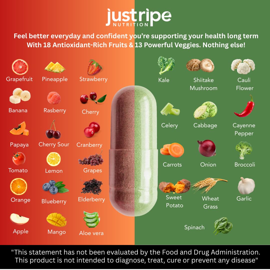 Fruits and Veggies Supplement - 90 Fruit and 90 Vegetable Capsules - 100% Whole Natural Superfood - Filled with Super Greens Vitamins and Minerals - Supports Balance Energy Levels (1 Pack) Just Ripe Nutrition buy supplements canada