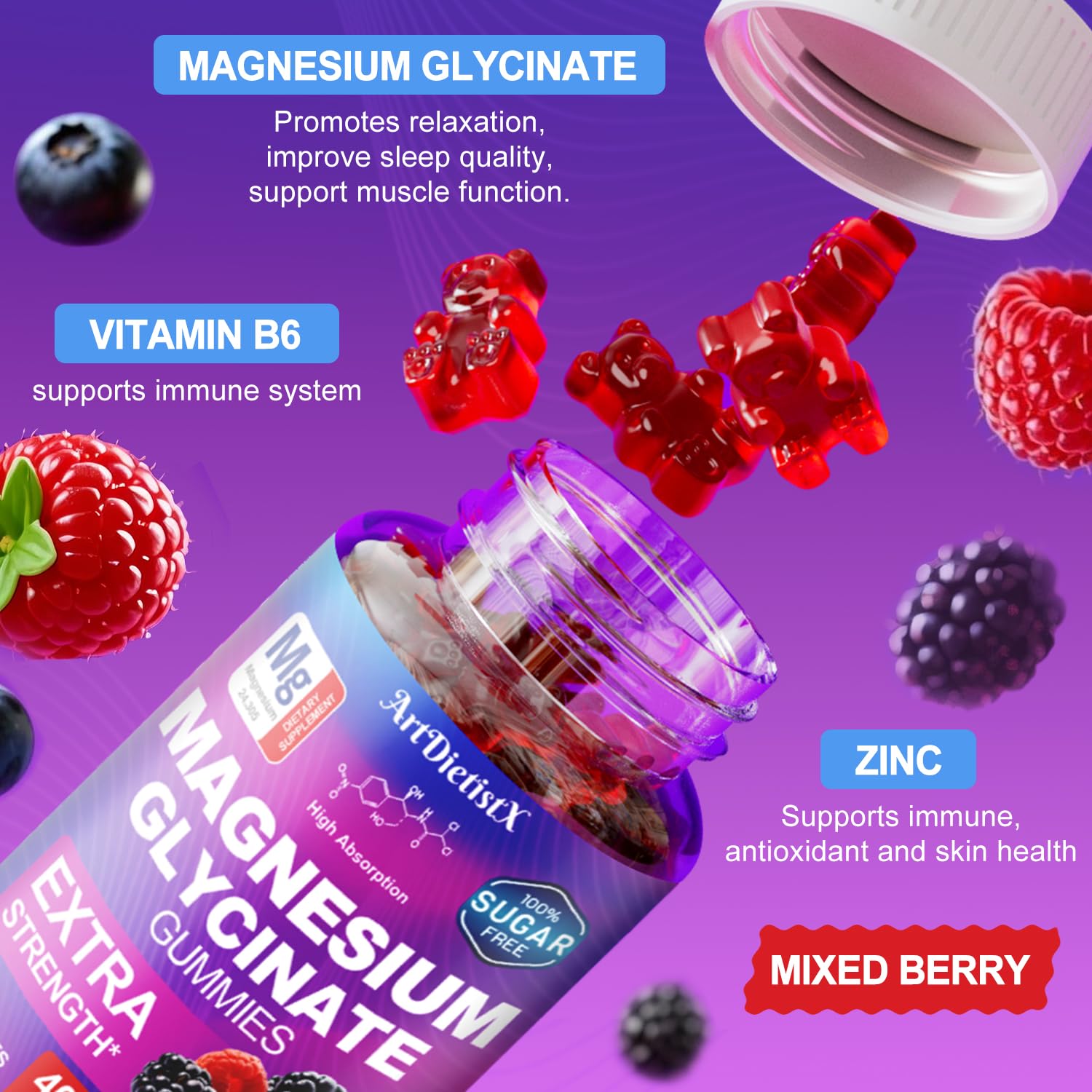 Magnesium Glycinate Gummies 400mg, Sugar Free Mаgnеsium Gummiеs for Adults with Magnesium Malate, Zinc, and Vitamin B6 for Sleep, Body Support and Relaxation, Non GMO, 60 Count-Multi-Flavor ArtDietistX buy supplements canada