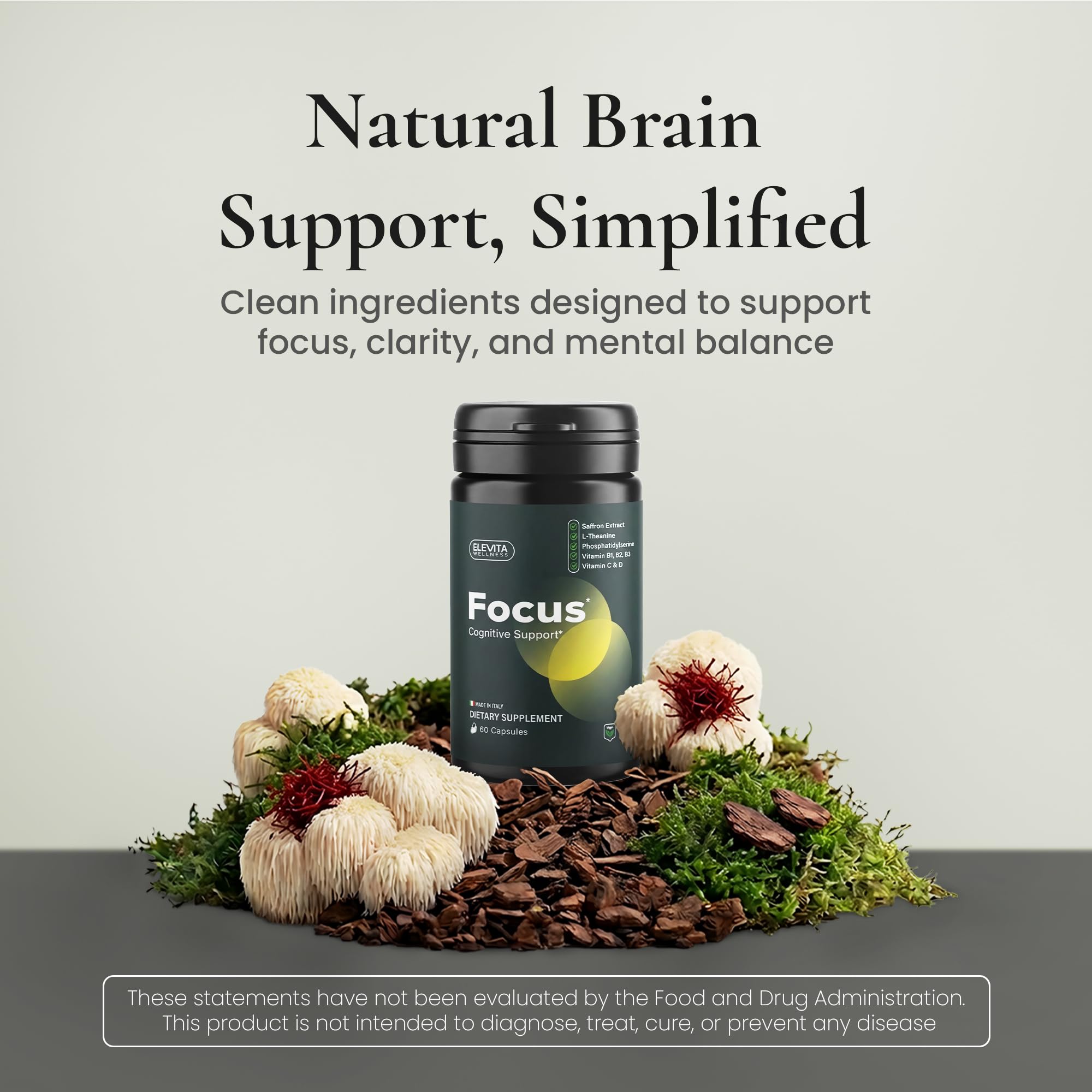 ELEVITA WELLNESS Focus Supplement (Made in Italy) | Premium Blend with L-Theanine, Lion's Mane & B Vitamins, Saffron and Vitamin D | Focus & Cognitive Support for Men & Women ELEVITA WELLNESS buy supplements canada
