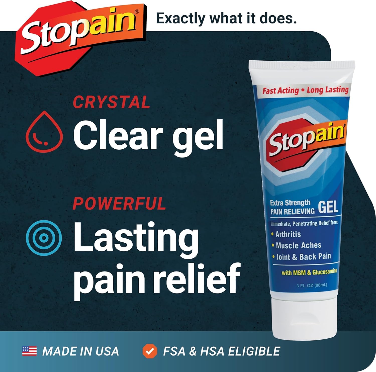 Stopain Pain Relief Gel 3oz USA Made, Max Strength Fast Acting with MSM, Glucosamine, Menthol for Arthritis, Lower Back Sciatica, Knee, Neck, HSA FSA Approved Topical Analgesic Products Stopain buy supplements canada