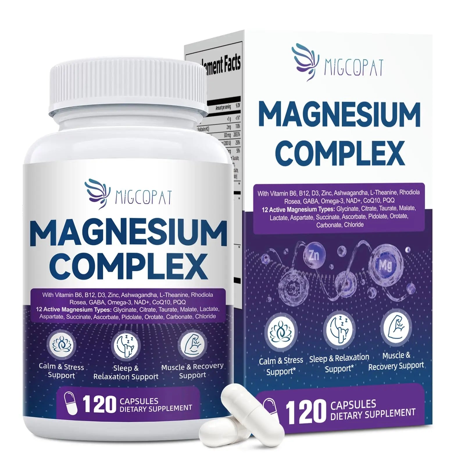 Migcopat Magnesium Complex w/Magnesium Glycinate, Malate, Citrate | 24-in-1 Magnesium Supplement w/Ashwagandha, L-Theanine & NAD+ | Supports Calm, Energy, Muscle & Sleep | Non-GMO, 120 Vegan Caps Migcopat buy supplements canada