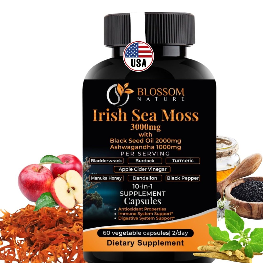 10-in-1 Irish Sea Moss Veggie Caps 3000mg Black Seed Oil Ashwagandha Bladderwrack Burdock Turmeric Apple Cider Vinegar Manuka Honey Dandelion Black Pepper - Made in US(Veggie Caps, Unflavored) Blossom Nature buy supplements canada