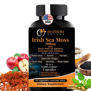10-in-1 Irish Sea Moss Veggie Caps 3000mg Black Seed Oil Ashwagandha Bladderwrack Burdock Turmeric Apple Cider Vinegar Manuka Honey Dandelion Black Pepper - Made in US(Veggie Caps, Unflavored) Blossom Nature buy supplements canada