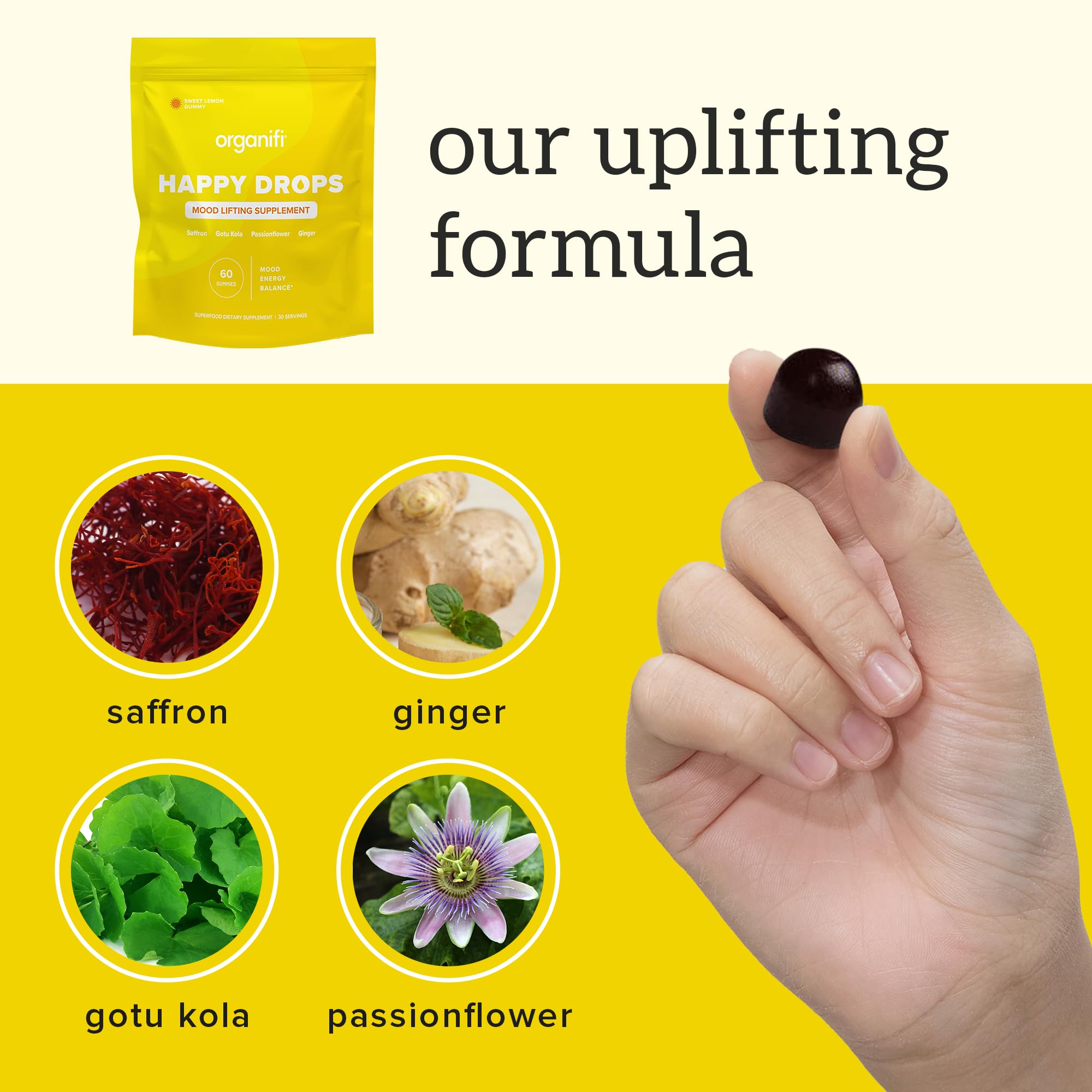 Organifi Happy Drops - Daily Superfood Happy Gummies for Adults - Mood Support Supplement for Balance, Bliss, Energy and Taking the Edge Off - Sweet Lemon Flavor - 60 Gummies Organifi buy supplements canada