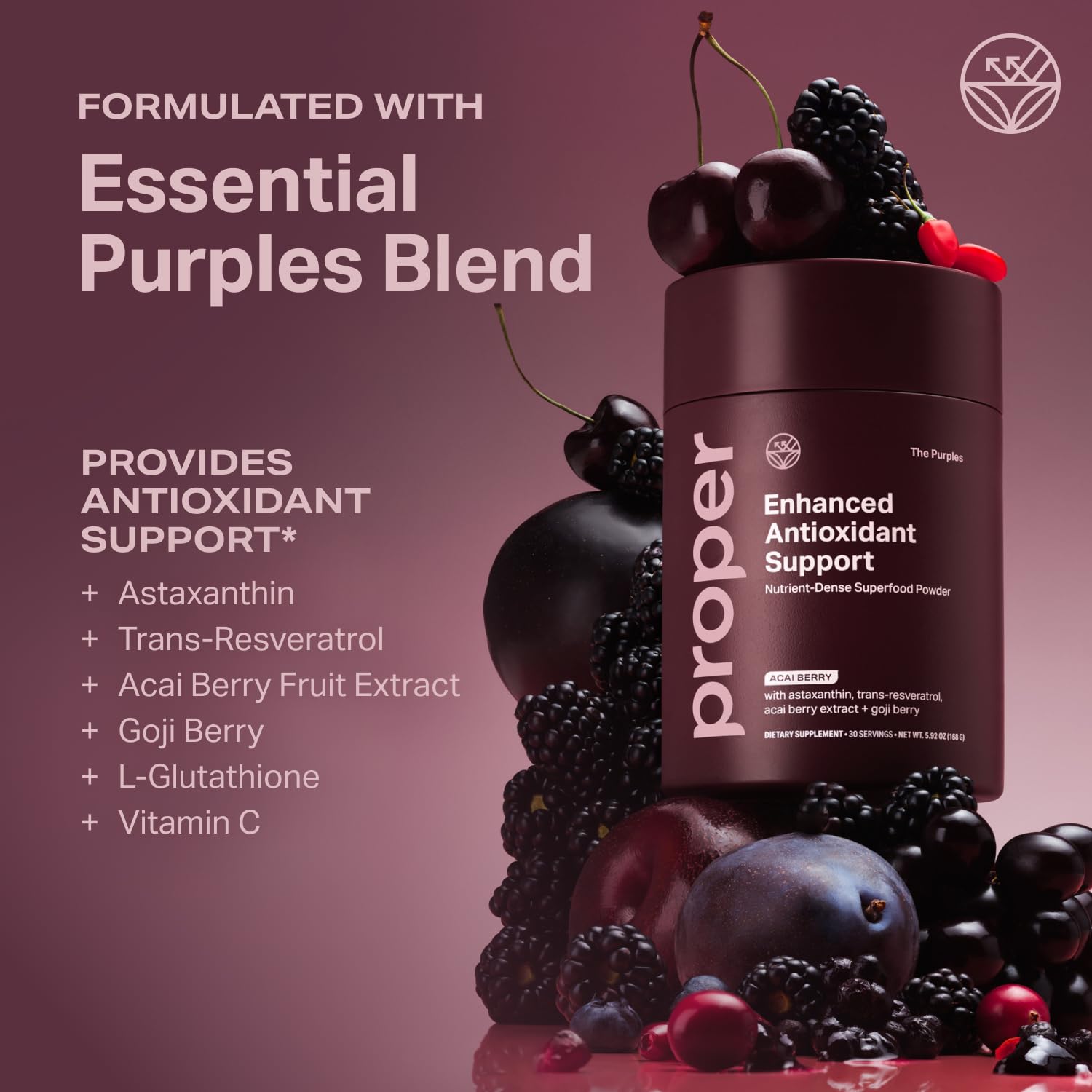 Proper, The Purples Nutrient-Dense Superfood Powder - Antioxidant Supplement and Cellular Support – Acai, Amla, Blueberry, Vitamin C, B Vitamins & More - Enhanced with Prebiotic Fiber & Probiotics Proper buy supplements canada