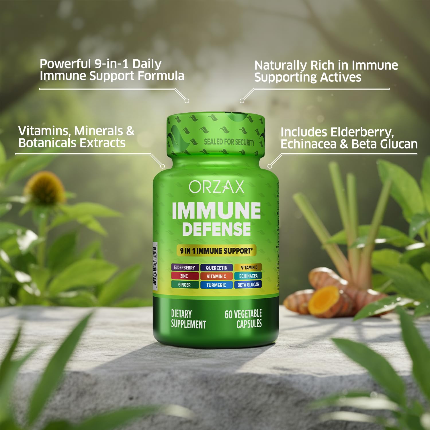 ORZAX 9 in 1 Immune Defense Booster Herbal Supplement, Specialized High Strength Formula - Vitamin C & D, Zinc, Quercetin, Turmeric & Ginger, Echinacea - Non-GMO - 60 Veggie Capsules - 30 Day Supply ORZAX buy supplements canada