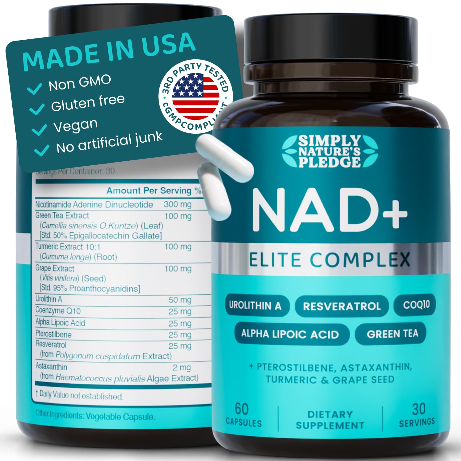 NAD+ Elite Complex – Direct NAD+ 300 mg with Urolithin A, Resveratrol, CoQ10 & Antioxidant Blend – Cellular Energy, Mitochondrial Support & Healthy Aging – Vegan, Non-GMO, 60 Capsules (30 Servings) Simply Nature's Pledge buy supplements canada