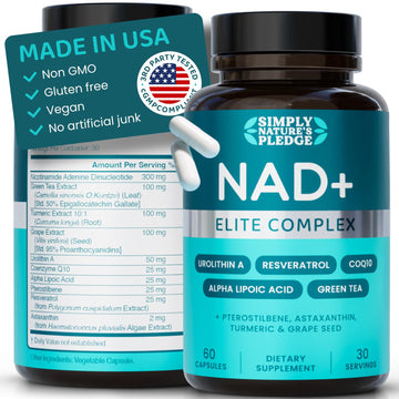 NAD+ Elite Complex – Direct NAD+ 300 mg with Urolithin A, Resveratrol, CoQ10 & Antioxidant Blend – Cellular Energy, Mitochondrial Support & Healthy Aging – Vegan, Non-GMO, 60 Capsules (30 Servings) Simply Nature's Pledge buy supplements canada