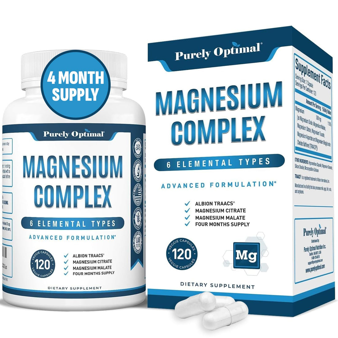 Purely Optimal Magnesium Complex - 6 Forms Magnesium Glycinate, Citrate & Malate - Sleep Support, Stress Relief, Muscles, Heart Health & Relaxation Purely Optimal buy supplements canada