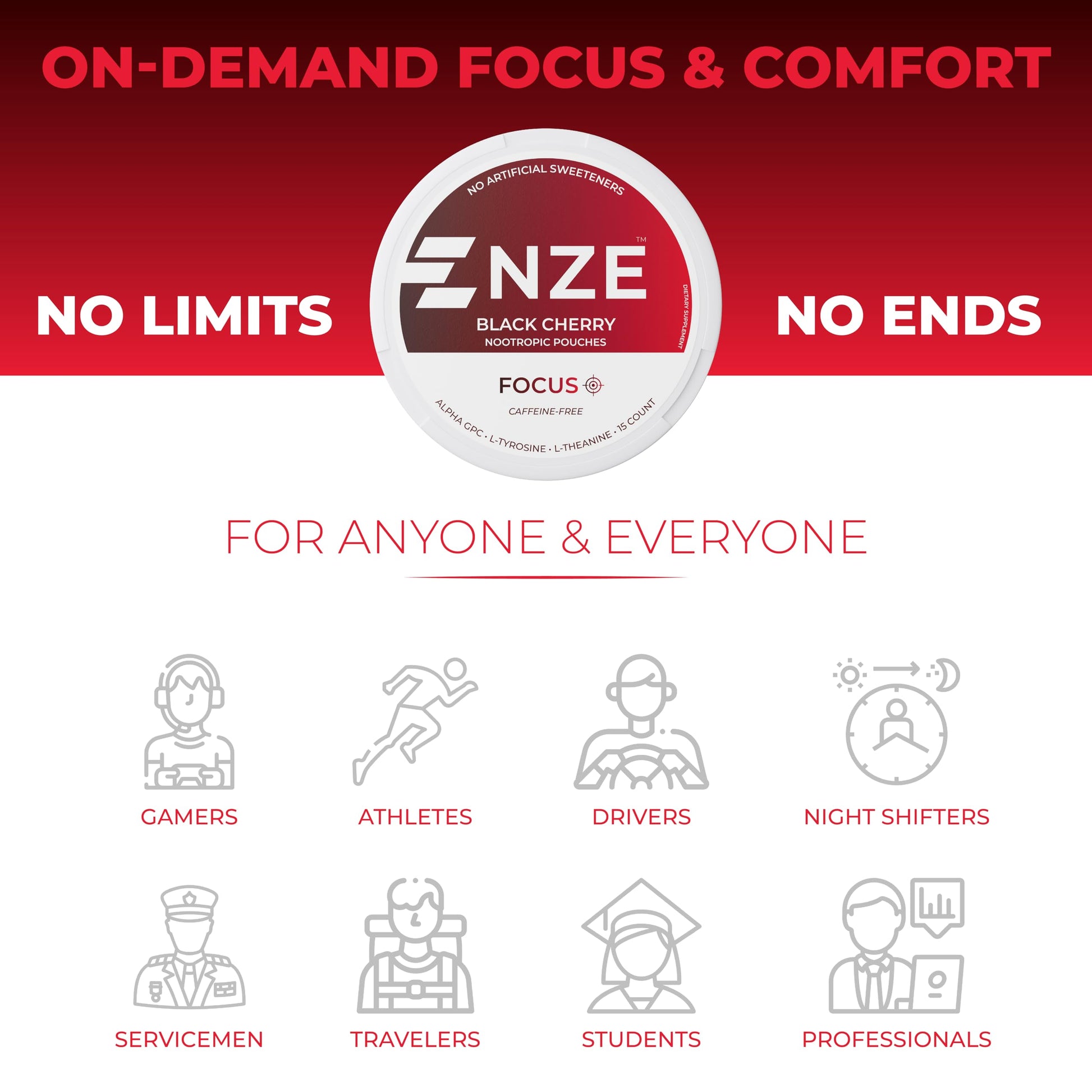 NZE Caffeine Free Nootropic Pouches (Black Cherry) - Nootropic Pouches with Alpha GPC, L-Tyrosine & L-Theanine - No Sugar or Artificial Sweeteners - 15 Pouches Per Can - 5 Pack NZE buy supplements canada