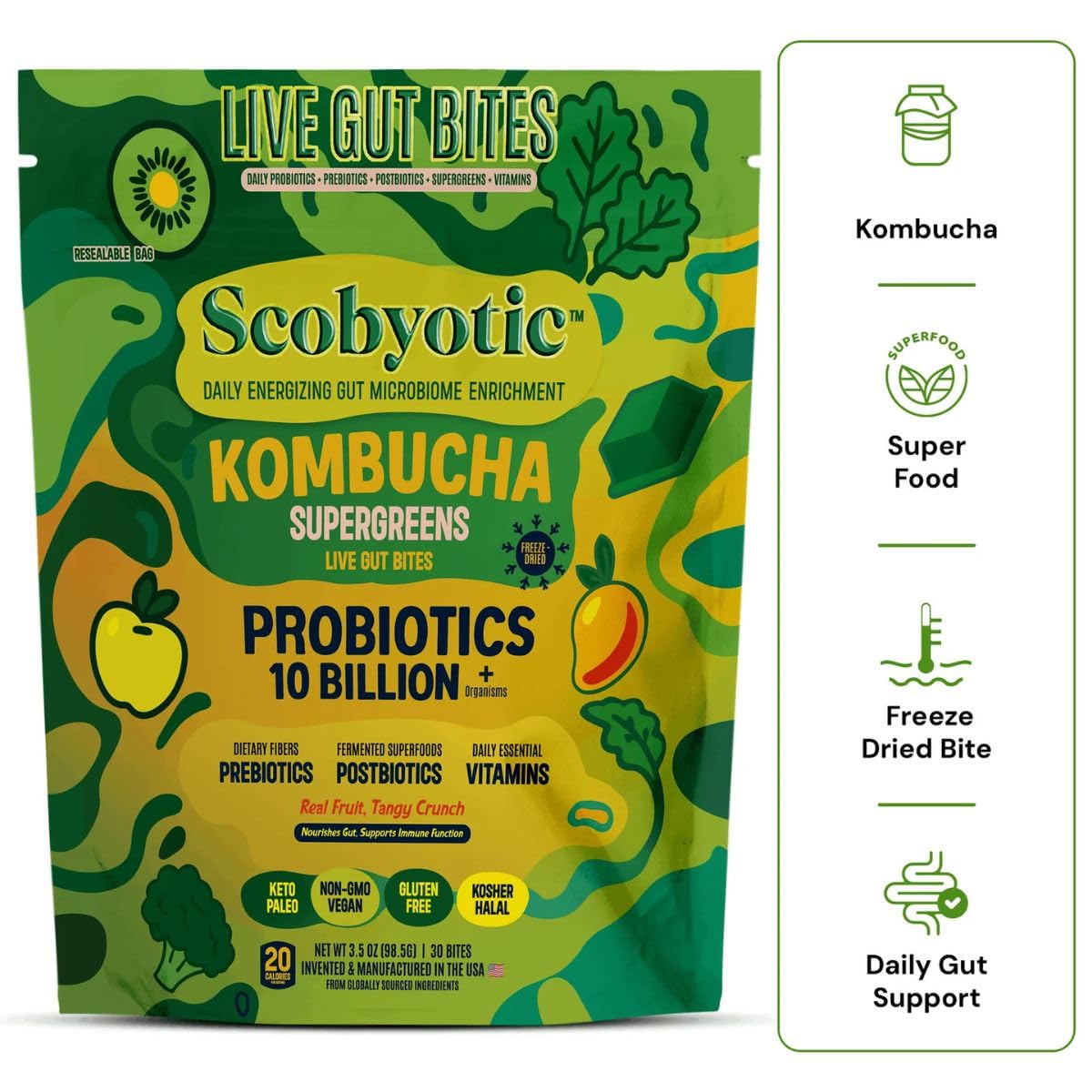 Scobyotic® Kombucha Supergreens Live Gut Bites – 10 Billion CFU Probiotics + Prebiotics & Postbiotics – Kombucha & Supergreens – Freeze-Dried Probiotic Supplement Scobyotic buy supplements canada
