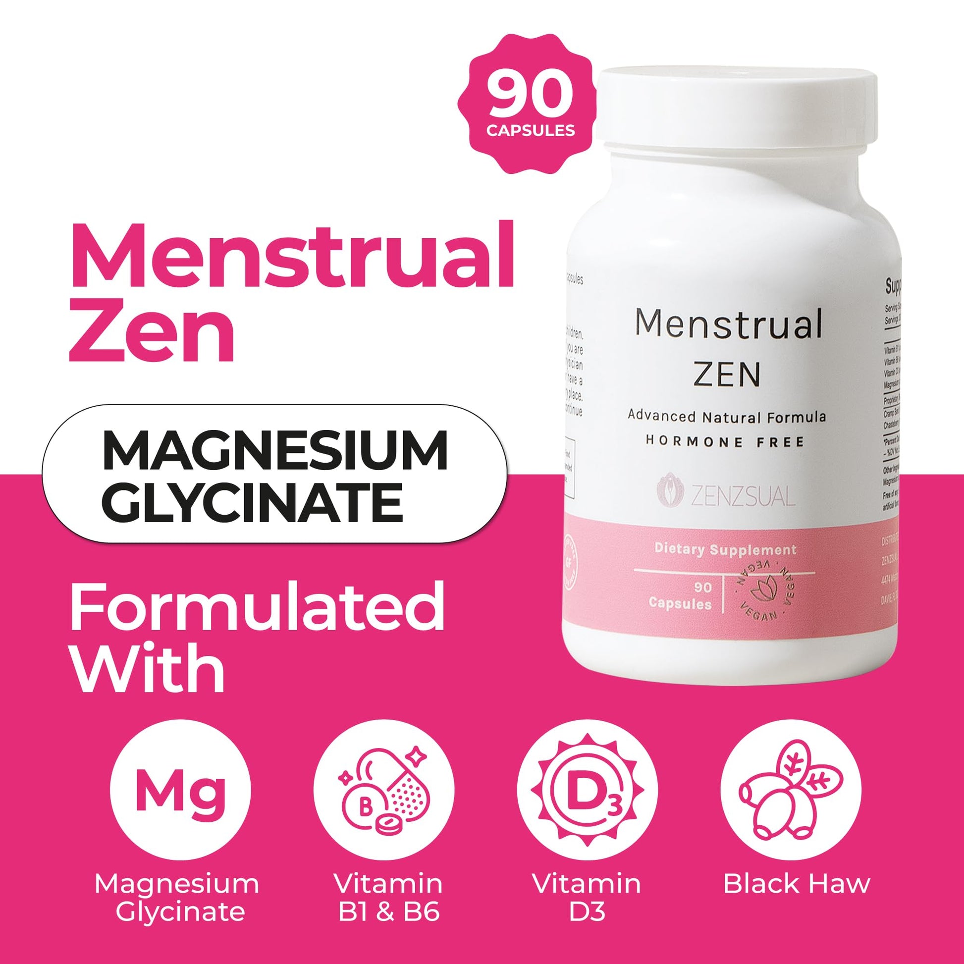 ZENZSUAL Menstrual Zen Natural and Hormone-Free Supplement – Support for Menstrual Cramps, Mood Swings and Period Pain – Diuretic Effect (90 Capsules / 2.7 Oz) ZENZSUAL buy supplements canada