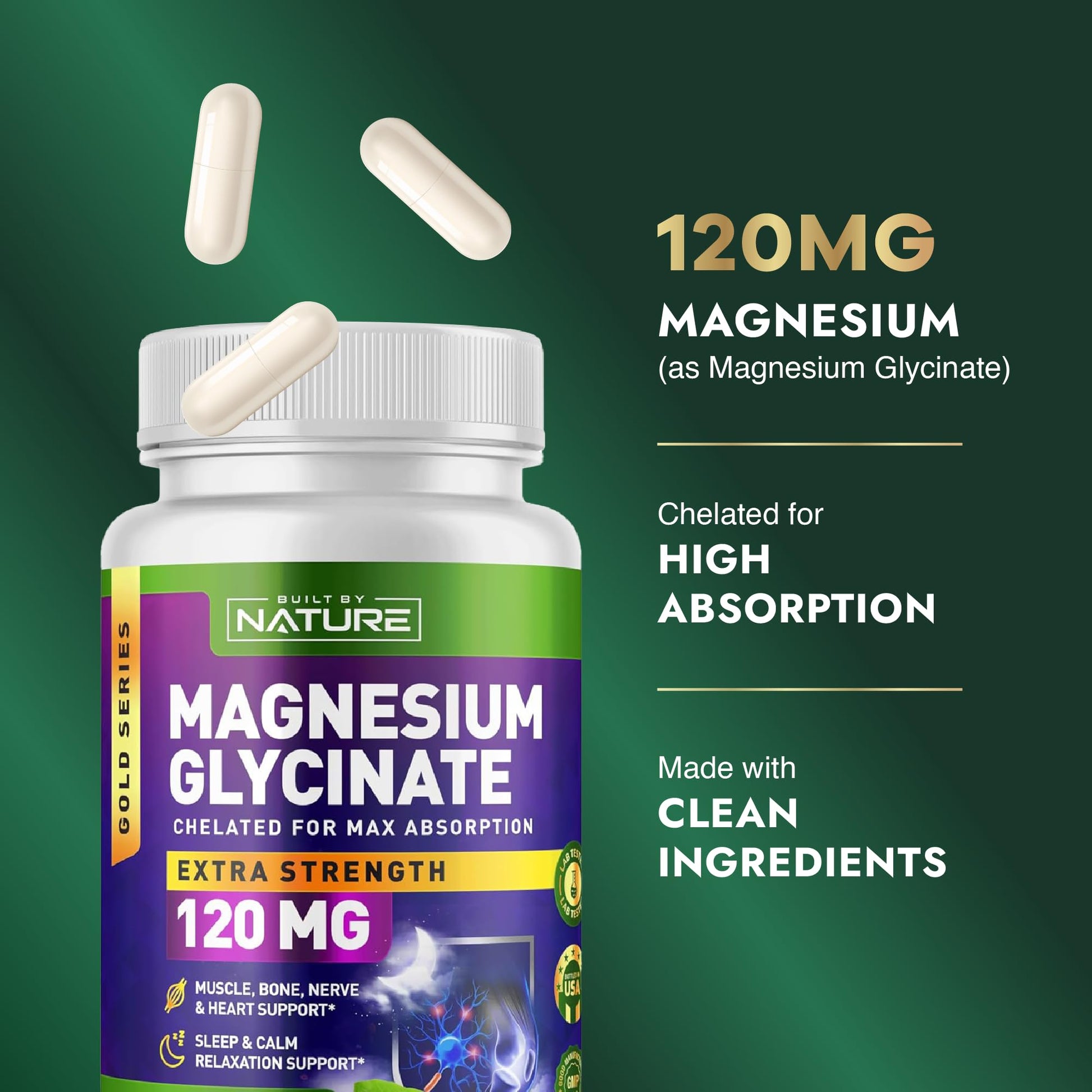 Built By Nature Magnesium Glycinate - Chelated for High Absorption – Supplement to Support Sleep, Muscle, Heart & Nerve Health - 120 mg Magnesium per Serving/Capsule - 90 Capsules Built by Nature buy supplements canada