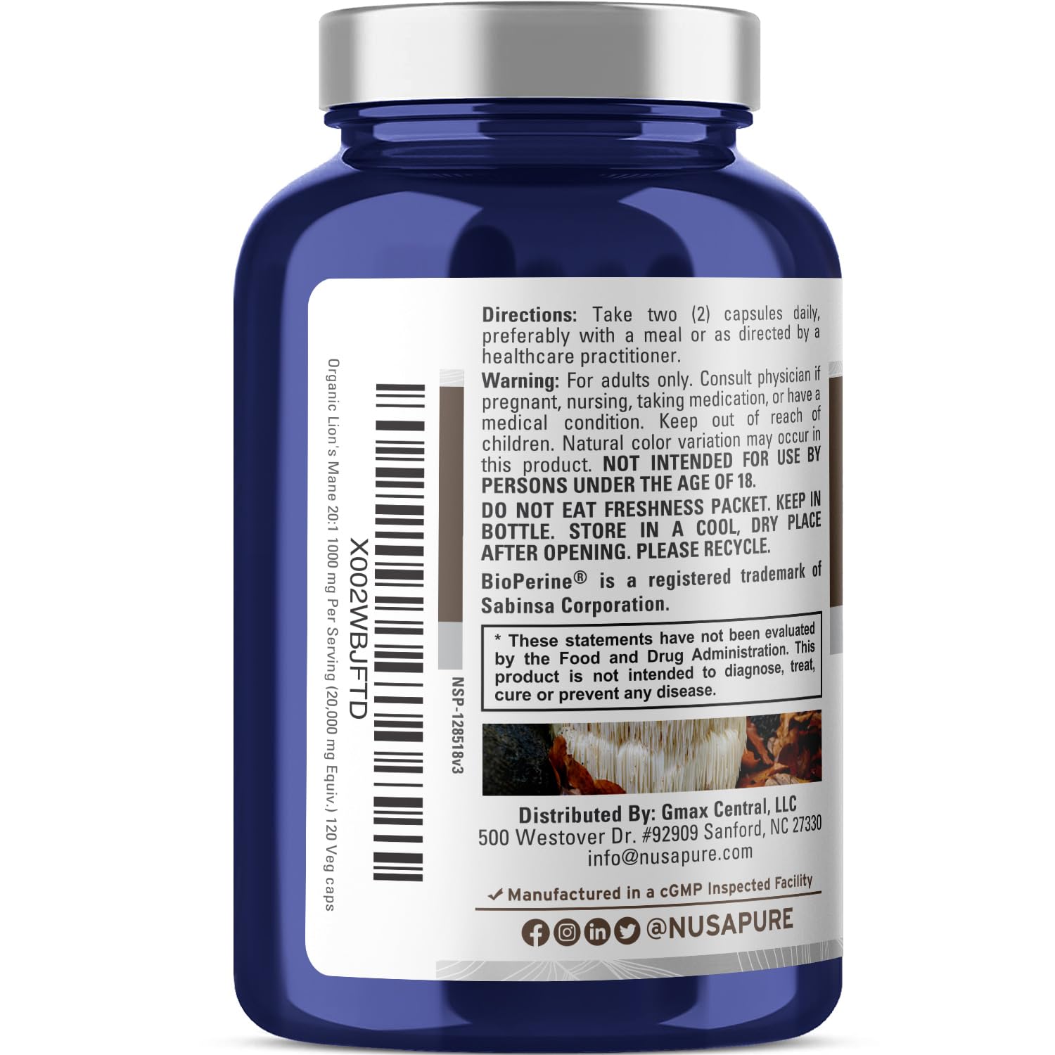 NusaPure Lions Mane 20:1 Extract (20,000 mg Equivalent) - Made with Organic Lion`s Mane, Bioperine - 30% Polysaccharides - 120 Veggie Caps. Non-GMO, Gluten Free NusaPure buy supplements canada