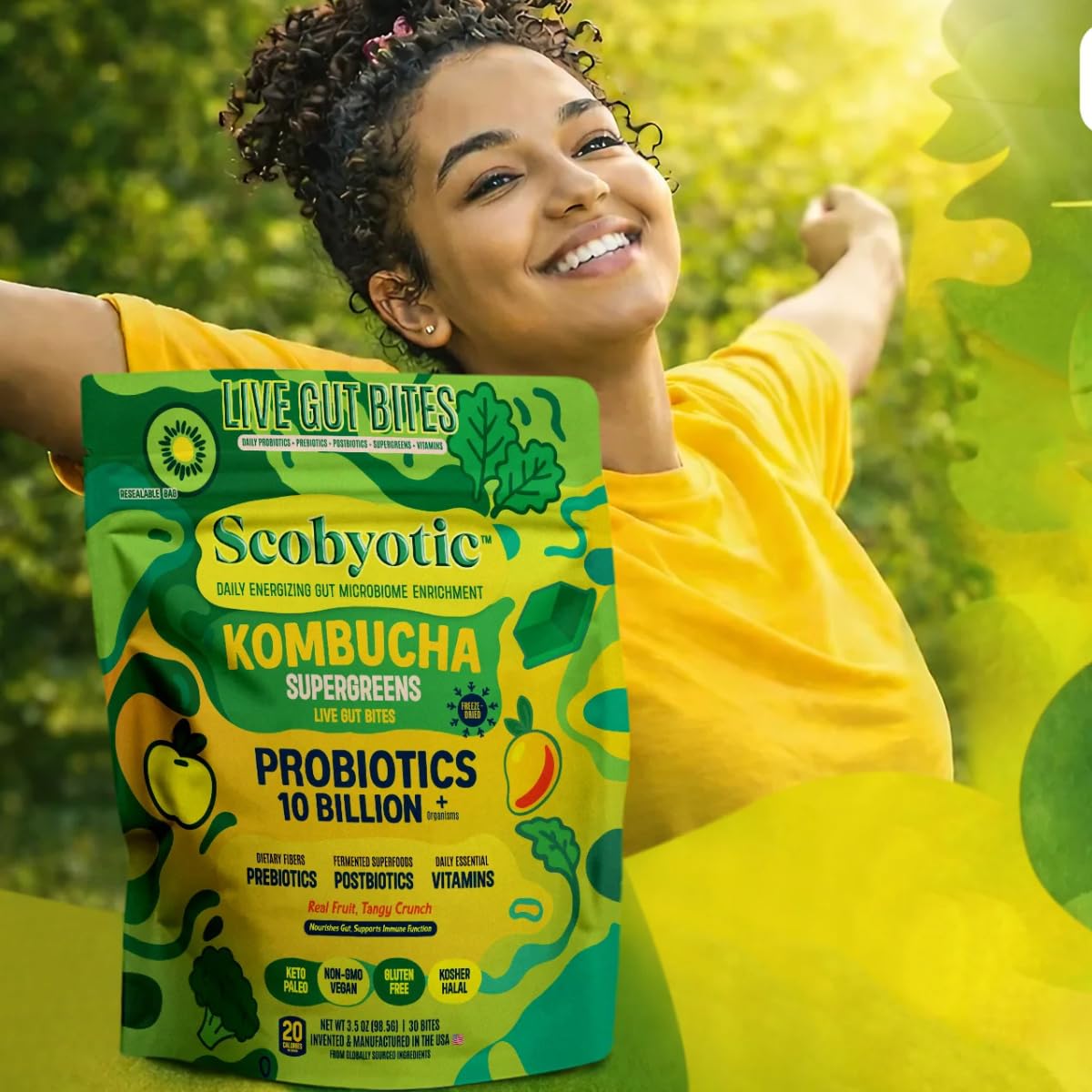 Scobyotic® Kombucha Supergreens Live Gut Bites – 10 Billion CFU Probiotics + Prebiotics & Postbiotics – Kombucha & Supergreens – Freeze-Dried Probiotic Supplement Scobyotic buy supplements canada