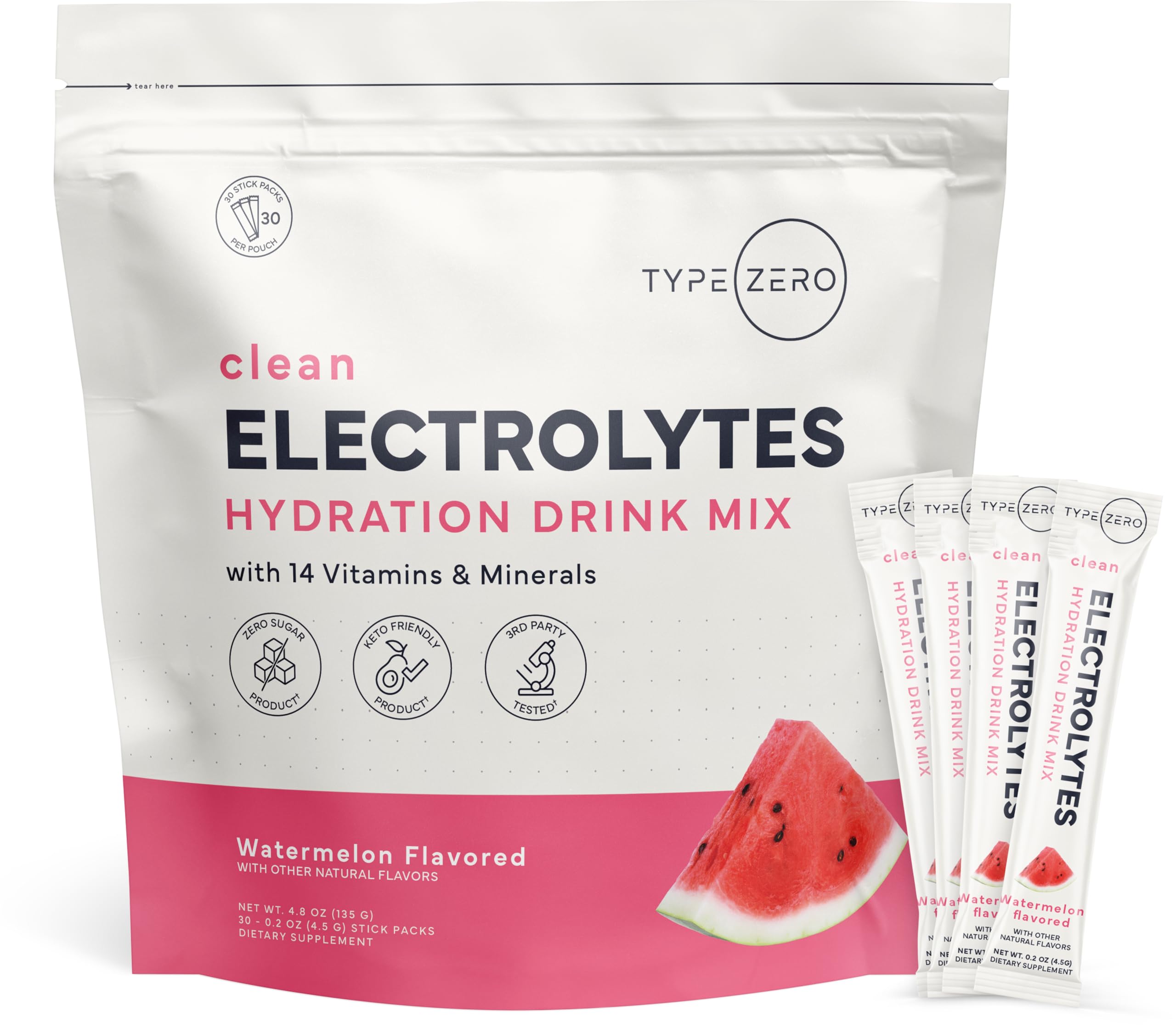 Type Zero Sugar Free Electrolytes Powder Packets + Clean Hydration Powder Stick Packs with 14 Vitamins and Minerals - Watermelon Flavor, 30 Servings Type Zero buy supplements canada