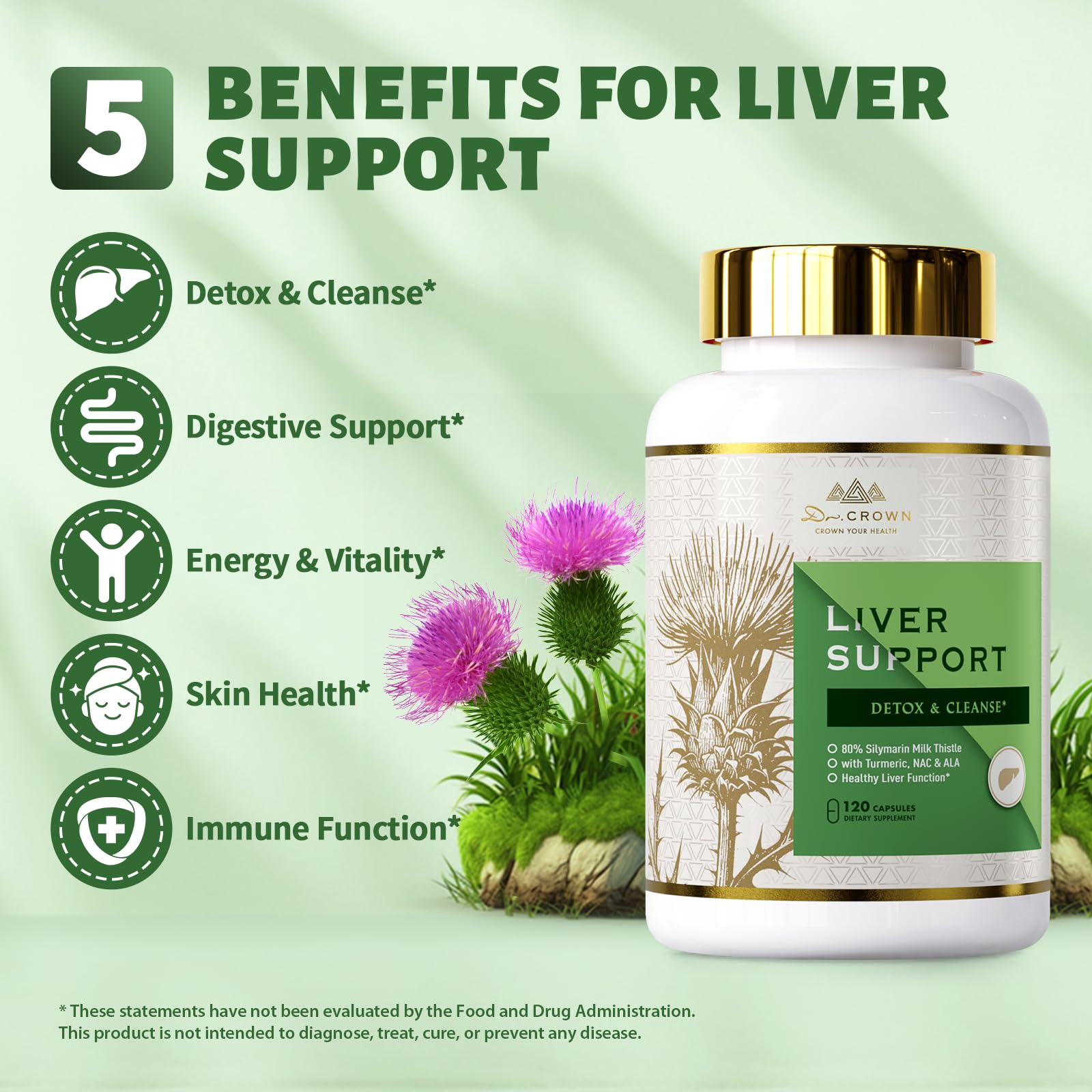 DR. Crown Liver Cleanse Detox & Repair - Milk Thistle Supplement, with Silymarin, N-Acetyl Cysteine(NAC), Artichoke, Turmeric & Dandelion for Liver Detox, Cleanse, Gluten Free, Non-GMO - 120 Capsules DR. CROWN buy supplements canada