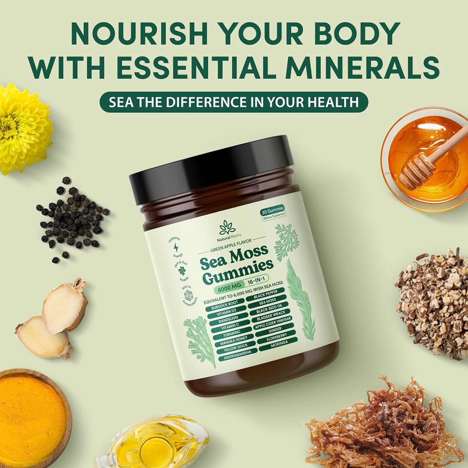 Natural Rems Sea Moss Gummies 16-in-1 - Ashwagandha Black Seed Oil Bladder Wrack Turmeric Vitamin C & D3 with Manuka Burdock Root Dandelion Yellow Natural Rems buy supplements canada