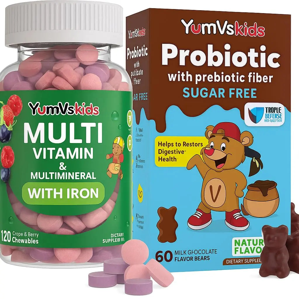 YUM-V'S Probiotics & Multivitamin Bundle for Kids – Probiotic with Prebiotic Fiber Chocolate Bears + Multivitamin & Multimineral with Iron Chewables – Digestive, Immune & Overall Health Support YUM-V'S buy supplements canada