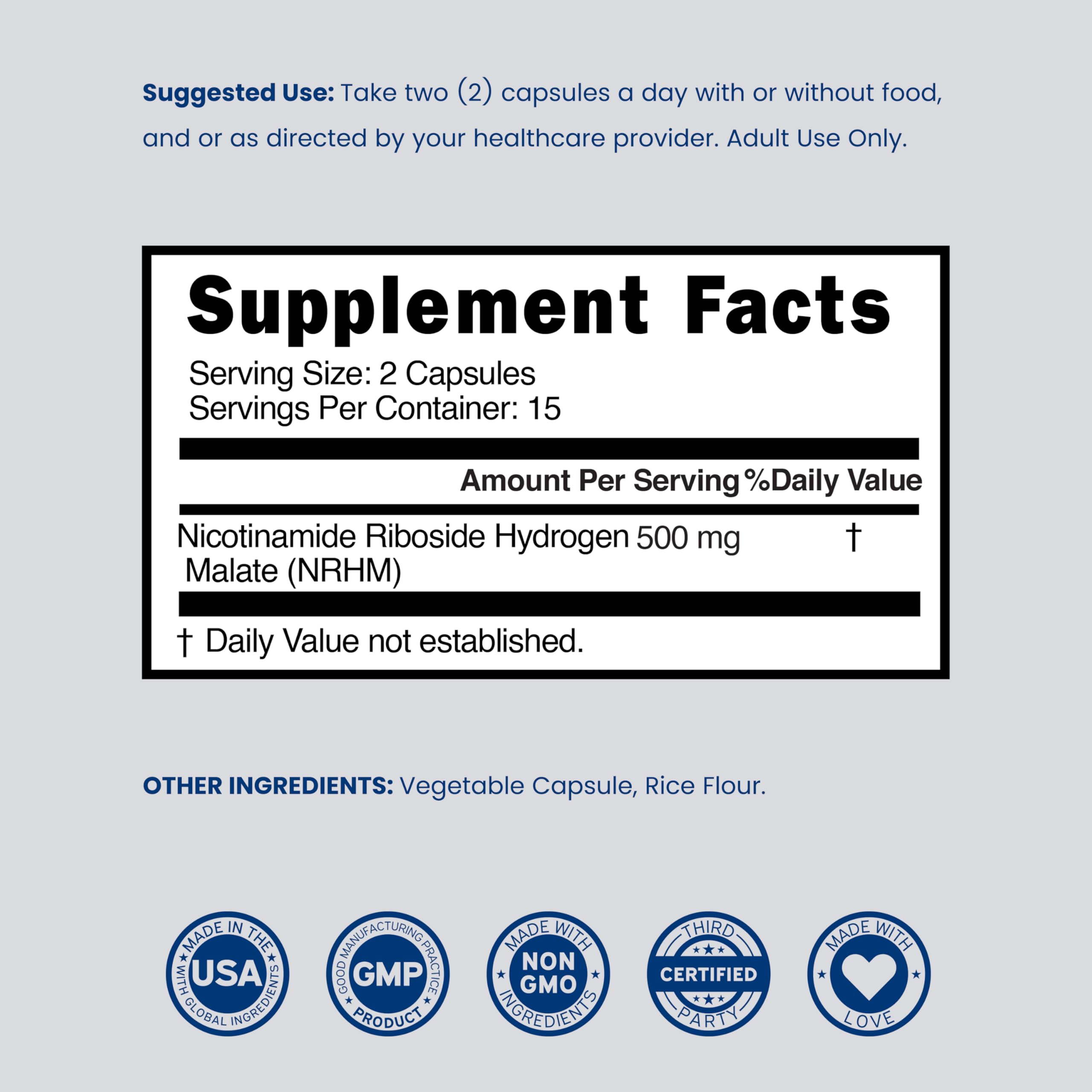 Nicotinamide Riboside 500mg (30 Count) NAD Supplement - NR Supplement For Women & Men to Support NAD+ Levels - NAD Booster - Third Party Tested - Vegan Safe, Non GMO & USA Made (30 Capsules) DORADO NUTRITION buy supplements canada