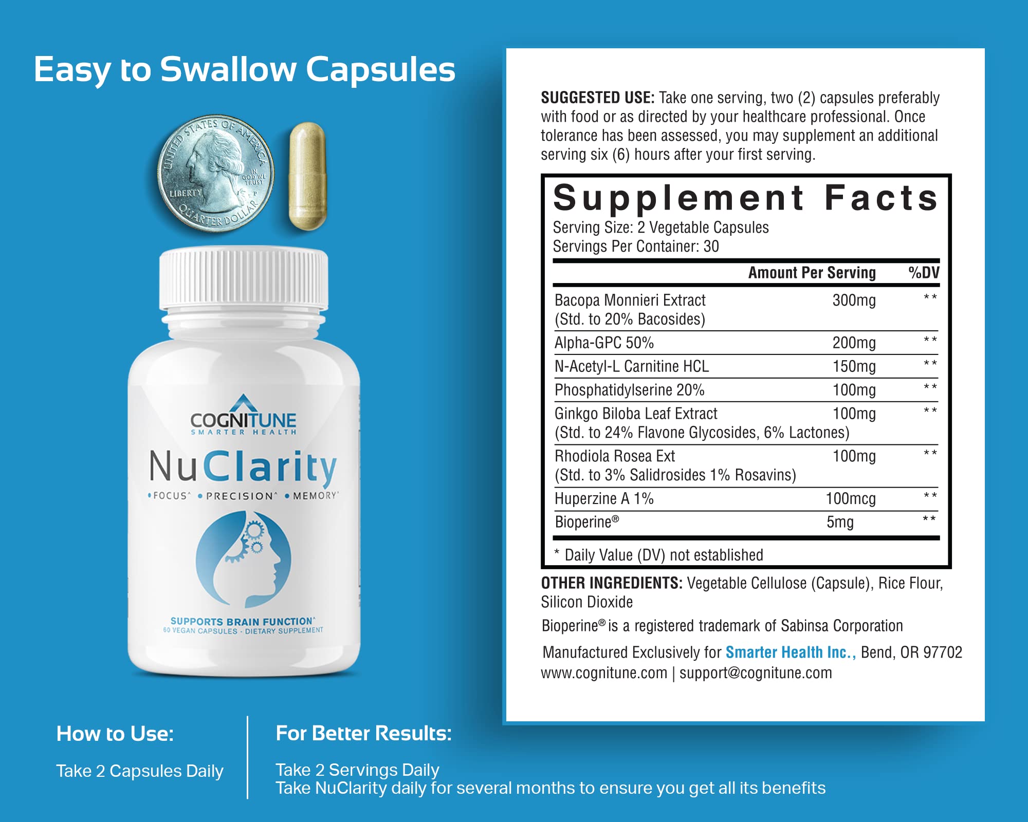 CogniTune NuClarity Brain Supplement for Memory and Focus - Caffeine-Free Nootropic for Mental Clarity Without Jitters - with Ginkgo Biloba, Bacopa Monnieri, Alpha-GPC for Cognitive Support CogniTune buy supplements canada