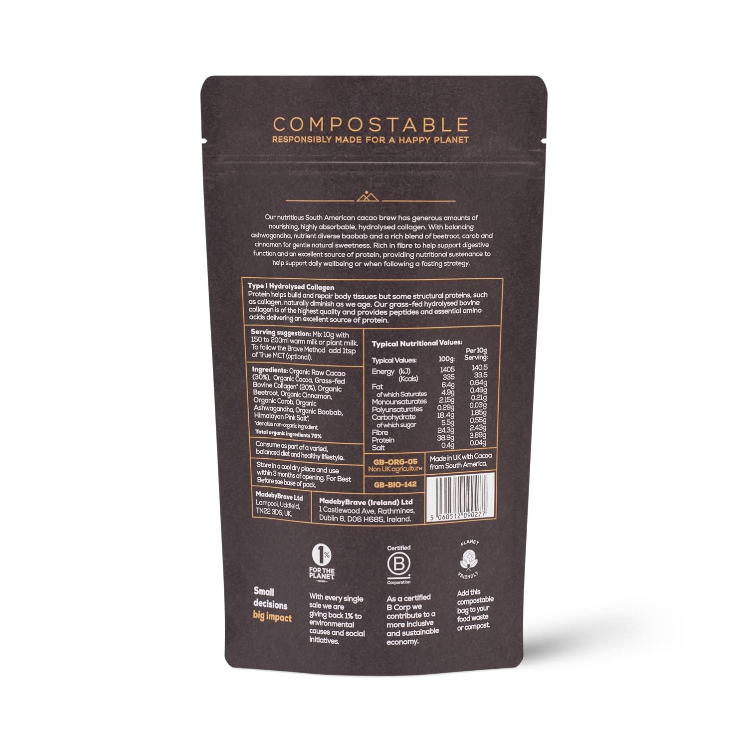Ancient + Brave - Cacao + Collagen Powder 250g - Peruvian Raw Cacao Hot Chocolate with Grass Ancient + Brave buy supplements canada