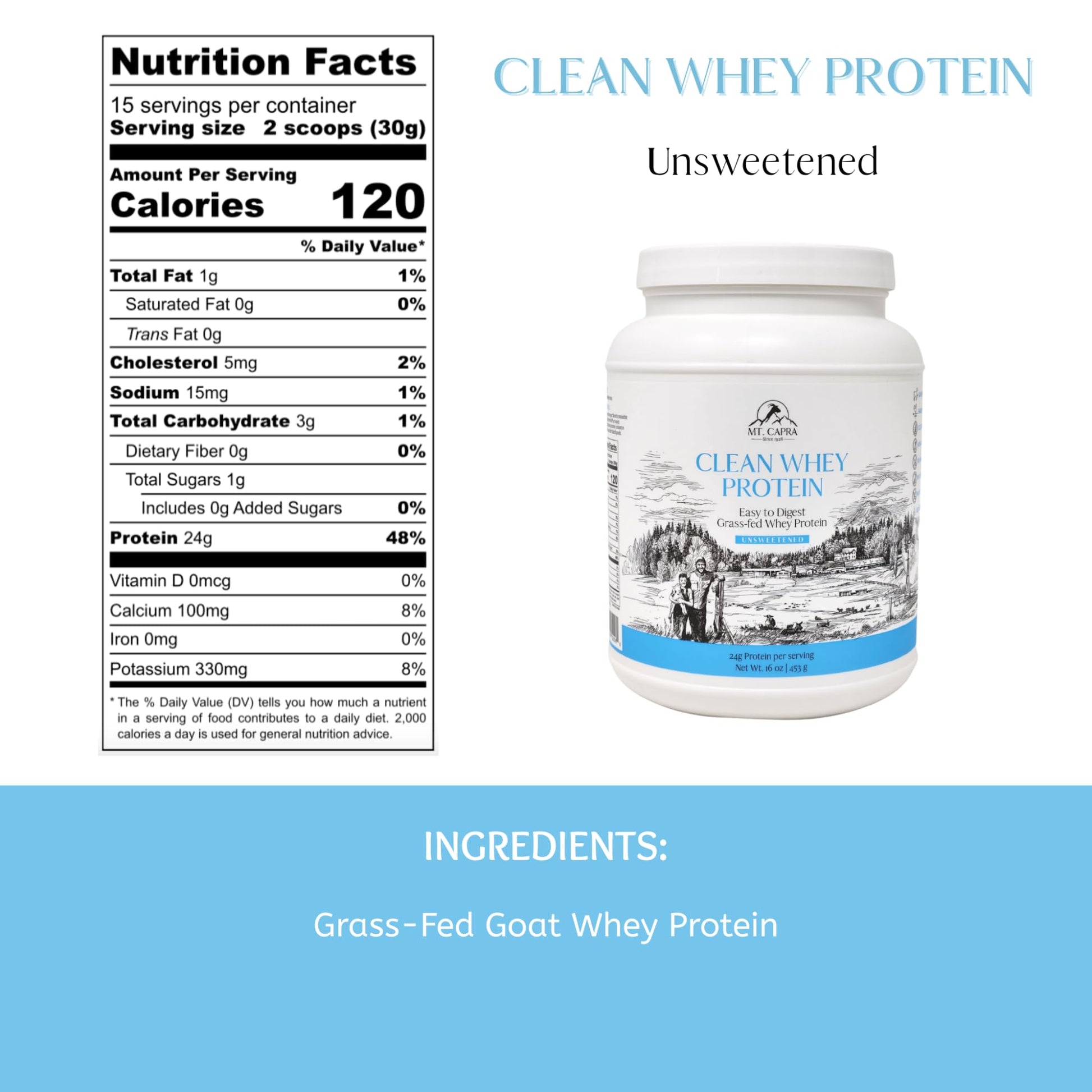 Mt. Capra Clean Whey Protein | Grass-Fed Undenatured Goat Whey Protein Powder | 24 g Protein Per Serving, All Natural, Non-GMO, High in Branch Chain Amino Acids | Unsweetened | 15 Servings - 16 oz MT. CAPRA SINCE 1928 buy supplements canada