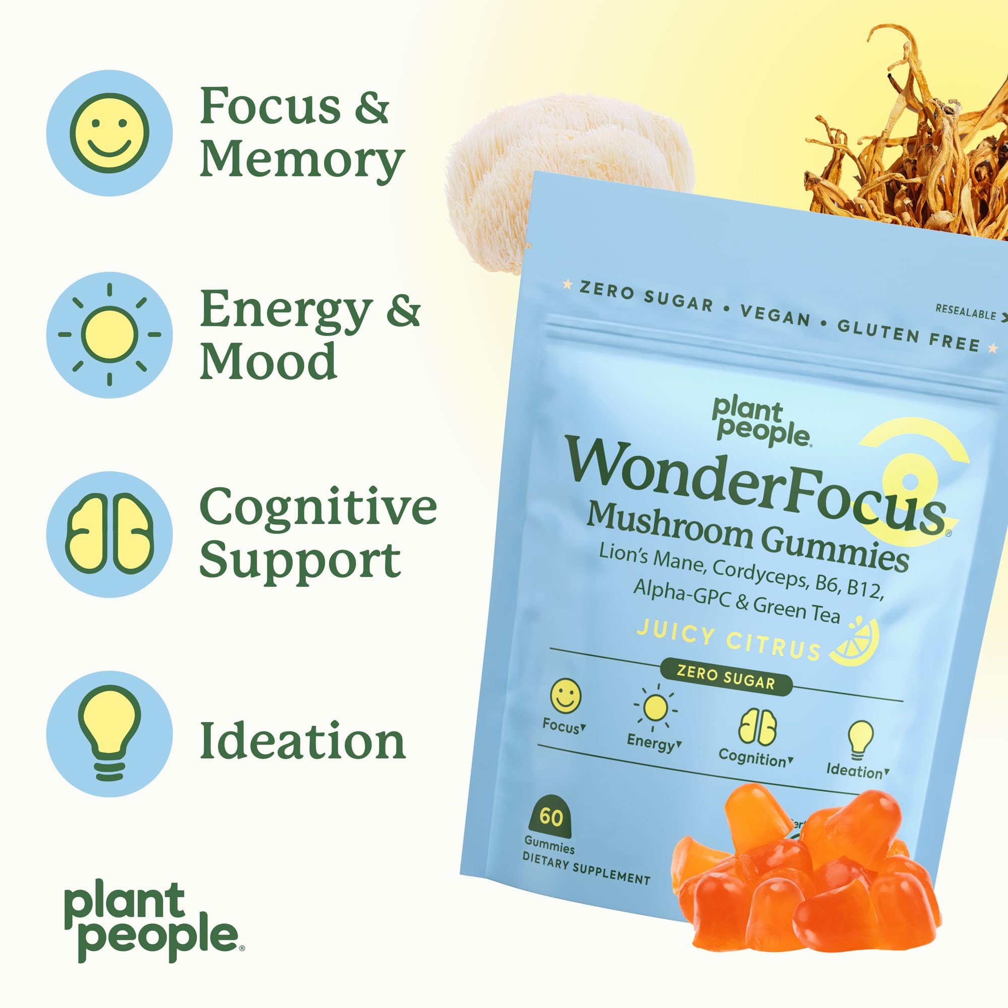 Plant People WonderFocus Mushroom Gummies with Lion’s Mane & Cordyceps - Nootropic Brain Supplement Boosts Memory, Focus, Energy & Mood in Adults | No Sugar, 100% Vegan, Citrus Flavor, 60 Count Plant People buy supplements canada