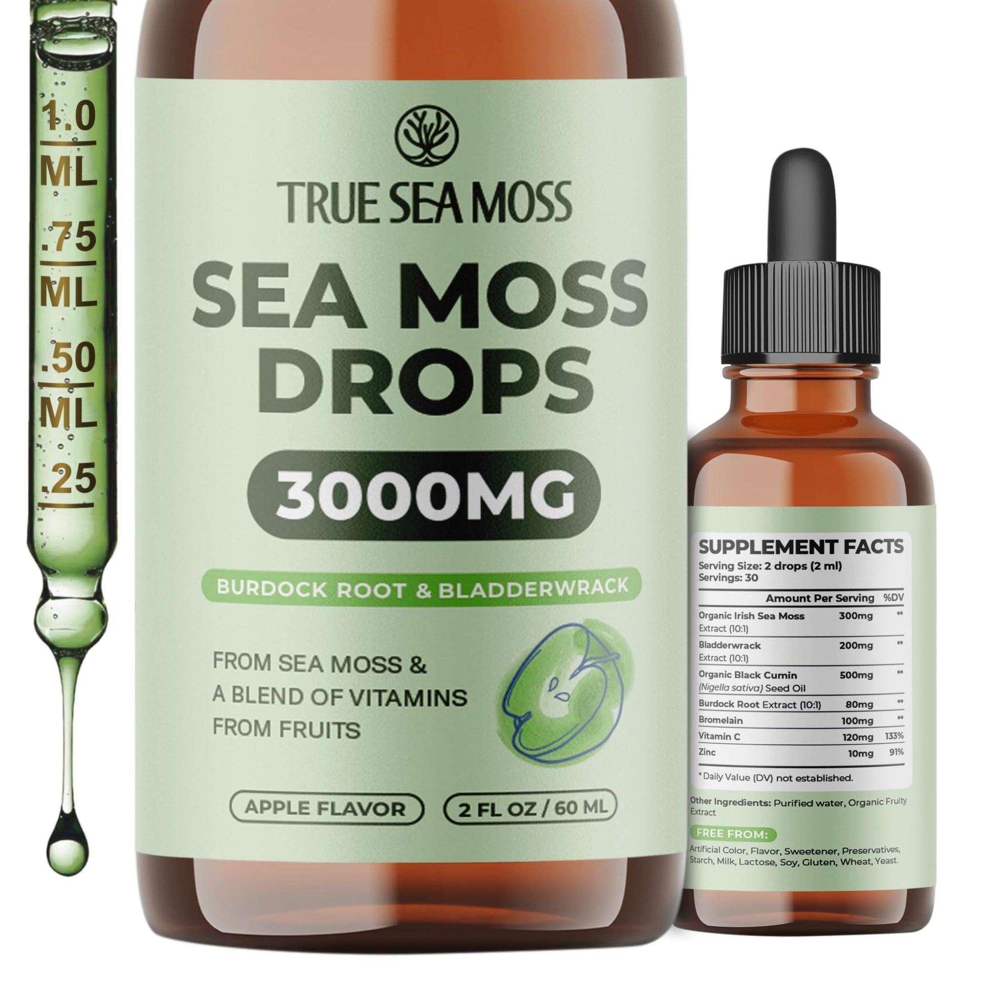Irish Sea Moss Liquid Drops - 3000mg Formula - with Bladderwrack, Burdock Root & Black Cumin Seed - Liquid Supplement - Apple Flavor - 2 Fl Oz (60ml) TrueSeaMoss buy supplements canada