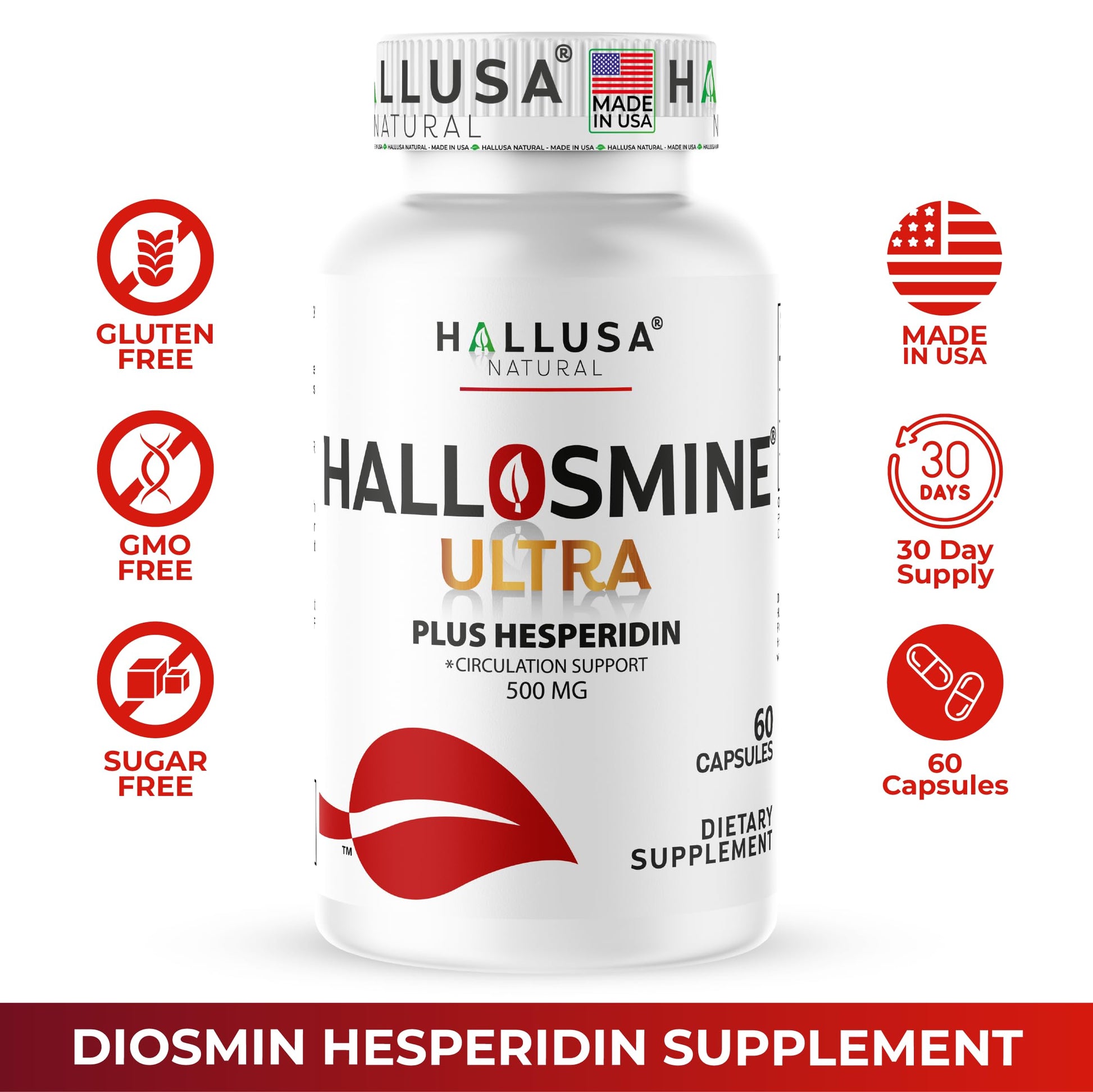 Hallusa Natural Hallosmine Ultra Diosmin 500mg & Hesperidin 150mg – Heavy Legs, Swelling & Vein - Blood Circulation Supplements, 60 Caps Hallusa Natural buy supplements canada