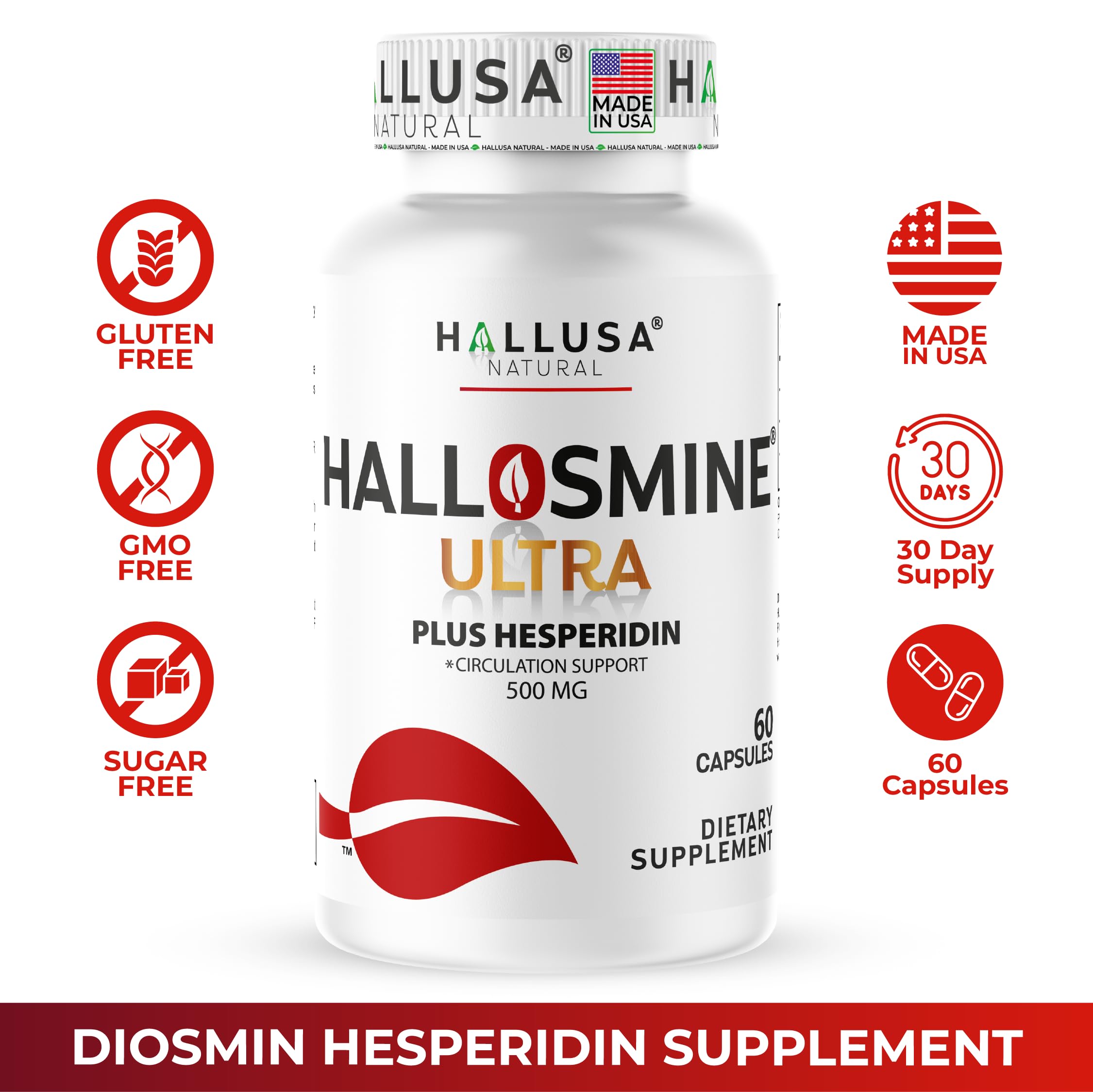 Hallusa Natural Hallosmine Ultra Diosmin 500mg & Hesperidin 150mg – Heavy Legs, Swelling & Vein - Blood Circulation Supplements, 60 Caps Hallusa Natural buy supplements canada