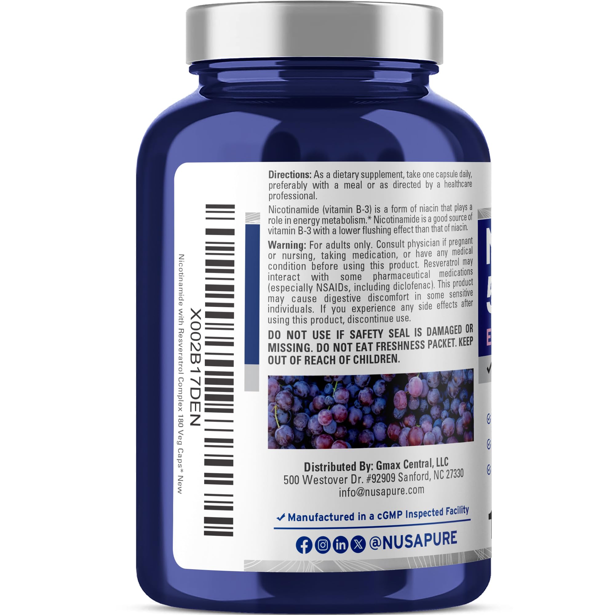 NusaPure Nicotinamide with Resveratrol (Vitamin B-3) 500 mg - 180 Vegetarian Caps (Non-GMO & Vegan) NusaPure buy supplements canada