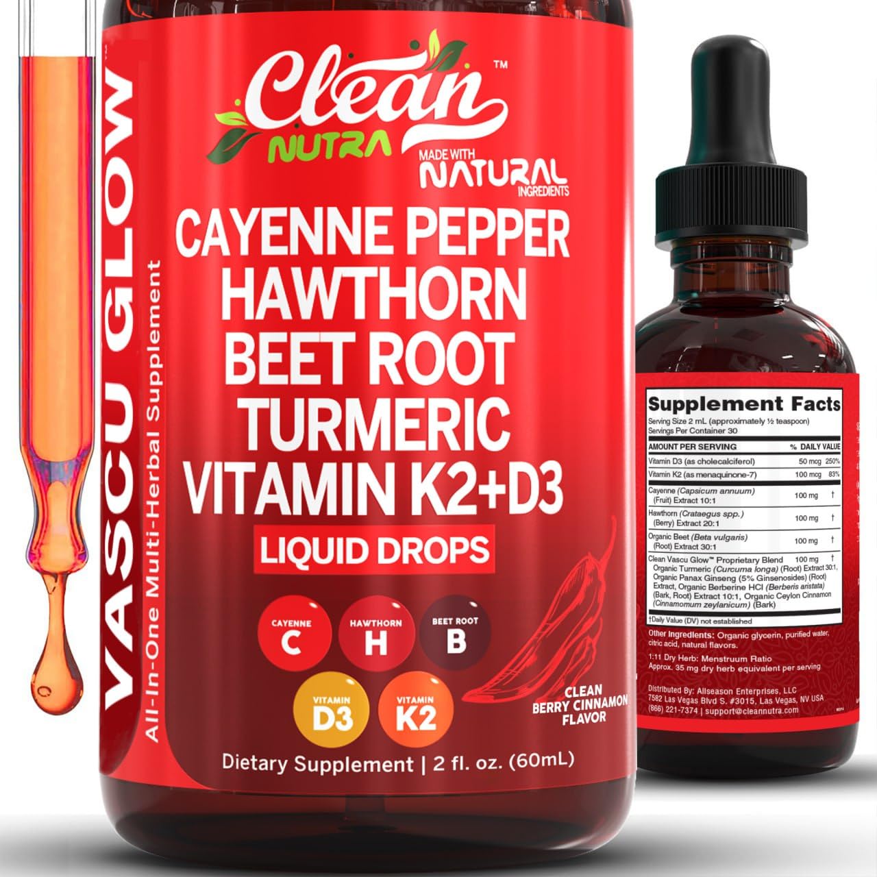 Clean Nutra Cayenne Pepper Drops Supplement Liquid + Hawthorn Berry, Vitamin D3 K2 Beet Root Powder, Ceylon Cinnamon, Turmeric Curcumin Clean Nutraceuticals buy supplements canada