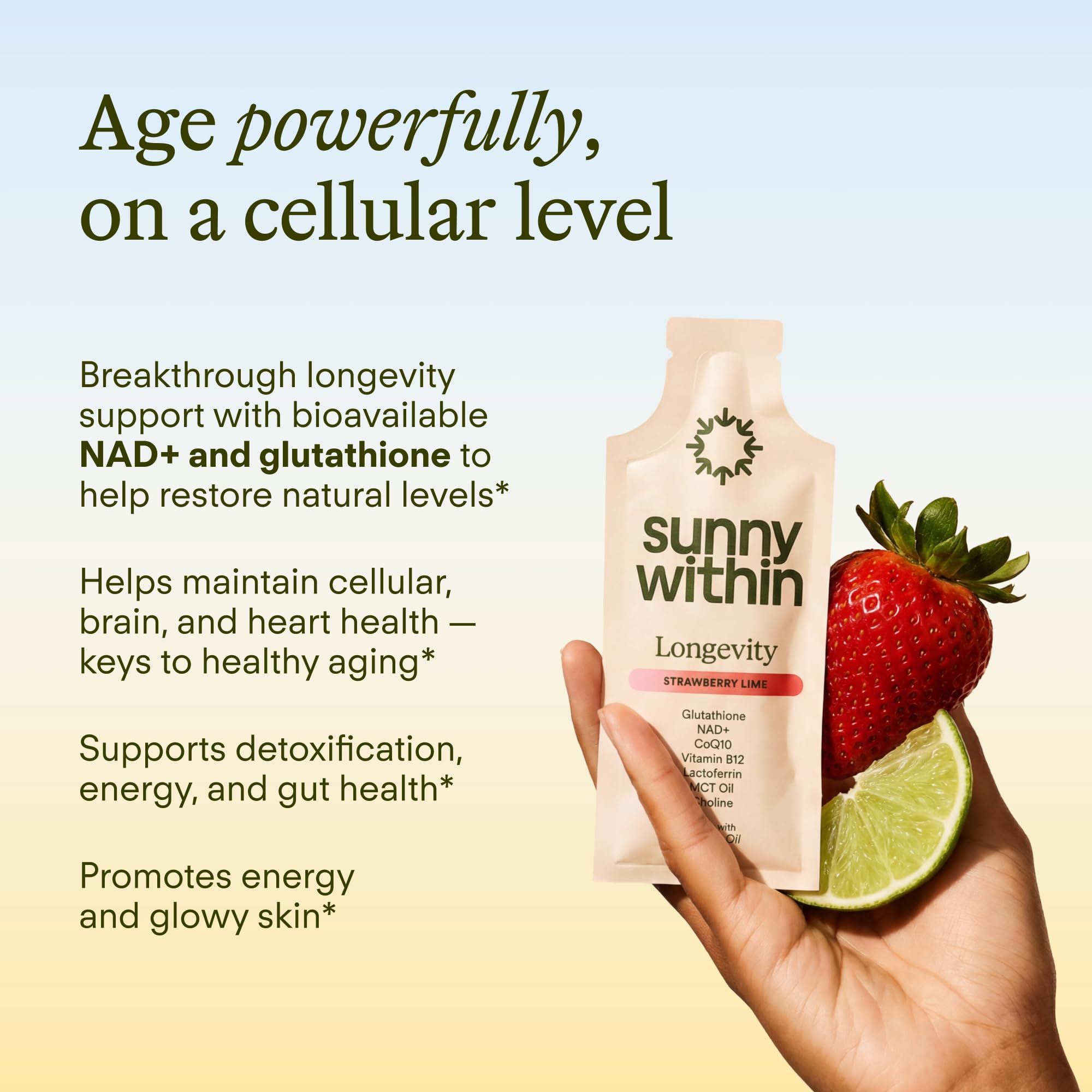 Sunny Within - Liposomal Glutathione Supplement NAD+ Longevity Mix w/Liquid NAD+, CoQ10, B12, MCT & Avocado Oil – Cellular Health, Energy, Brain, Gut & Heart Support* – Strawberry Lime – 30 Pouches Sunny Within buy supplements canada