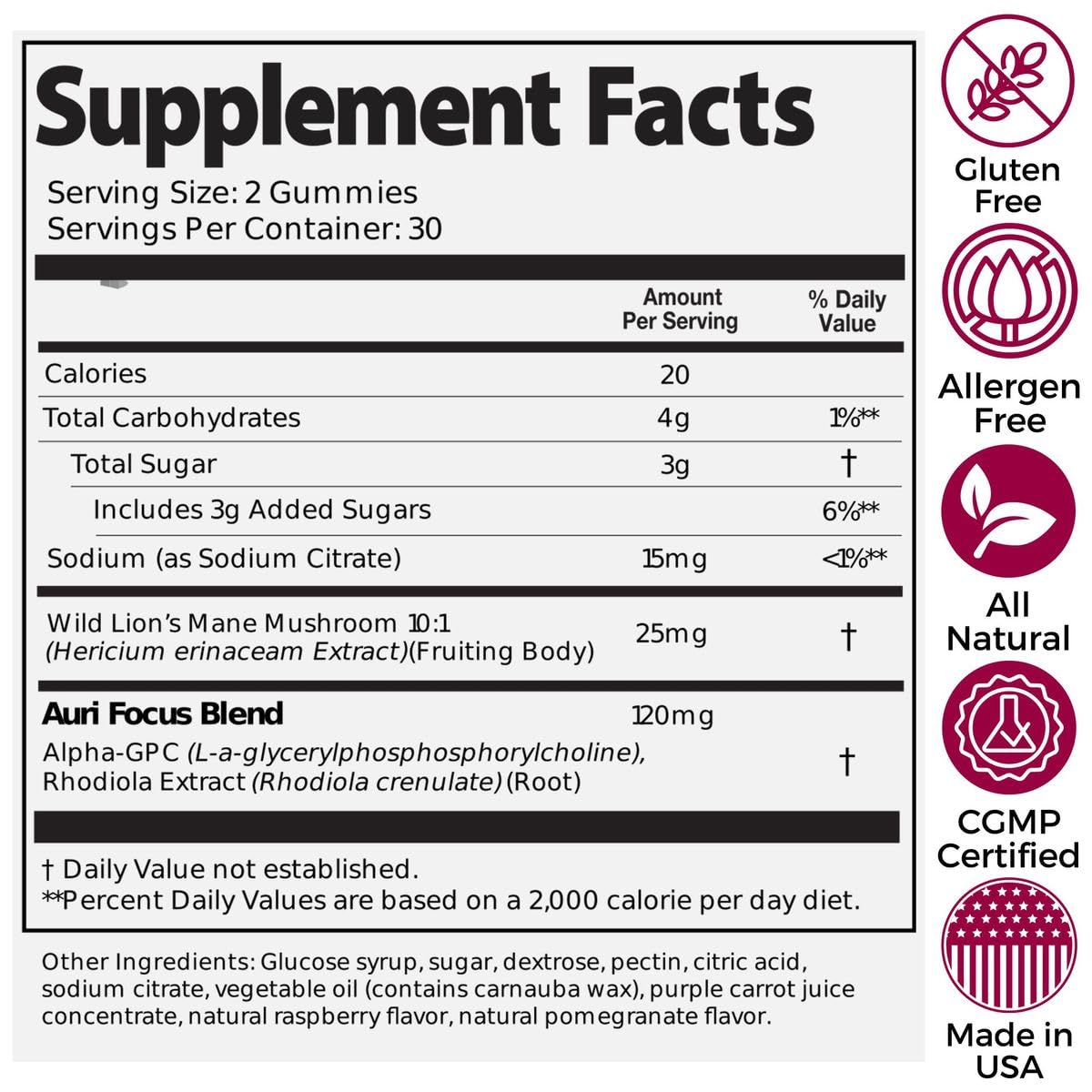 Auri Nutrition Super Mushroom Focus Gummies w/Lion's Mane, Alpha GPC & Rhodiola – Mushroom Supplement to Support Cognitive Function, Mental Clarity, Focus & Energy