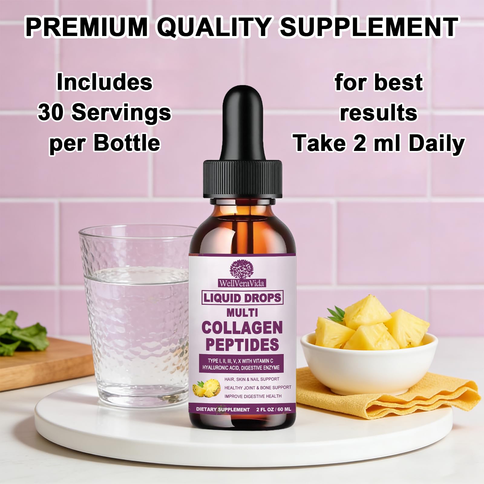Multi Collagen Peptides Liquid Drops, 2oz – Types I, II, III, V, X, Hydrolyzed Collagen Complex for Hair, Skin, Nails, Bones & Joint Support | Collagen Supplement w. Hyaluronic Acid, Biotin, Vitamin C WellVeraVida buy supplements canada