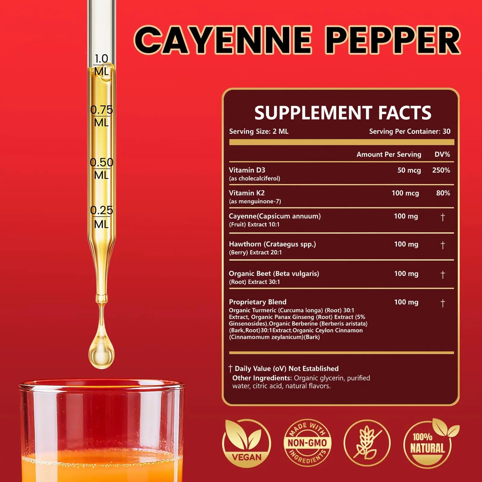 Cayenne Pepper Drops Supplement Liquid with Hawthorn Berry, Vitamin D3 K2, Turmeric Curcumin, Beet Root, Ceylon Cinnamon Vegan- Friendly - 60ml Rshoiw buy supplements canada