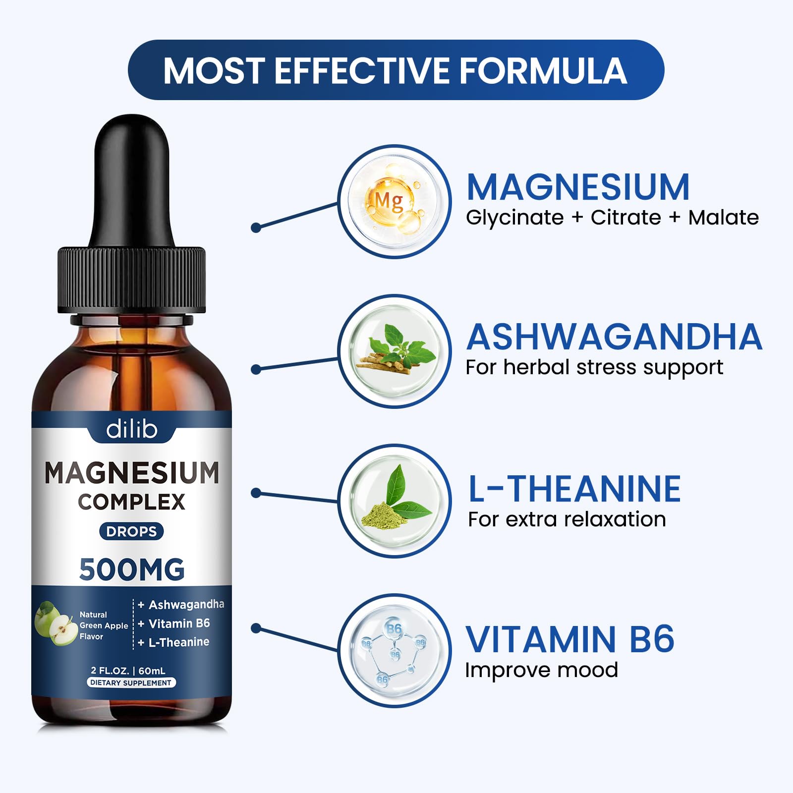 Triple Magnesium Complex Supplement-Magnesium Glycinate, Citrate, Malate Liquid Drops 500mg with Ashwagandha, L-Theanine, B6 for Calm, Stress Relief, Sleep, Muscle Support-Green Apple Flavor dilib buy supplements canada