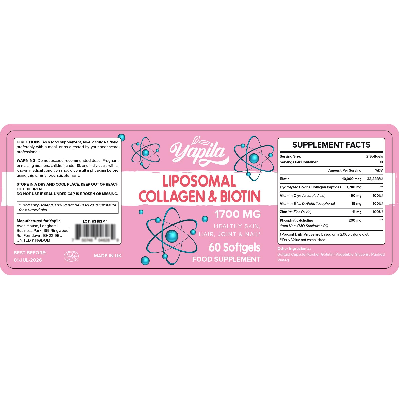 Liposomal Collagen Biotin Capsules, Hydrolyzed Bovine Collagen Peptides 1700 mg, Types 1 & 3 Protein Yapila buy supplements canada