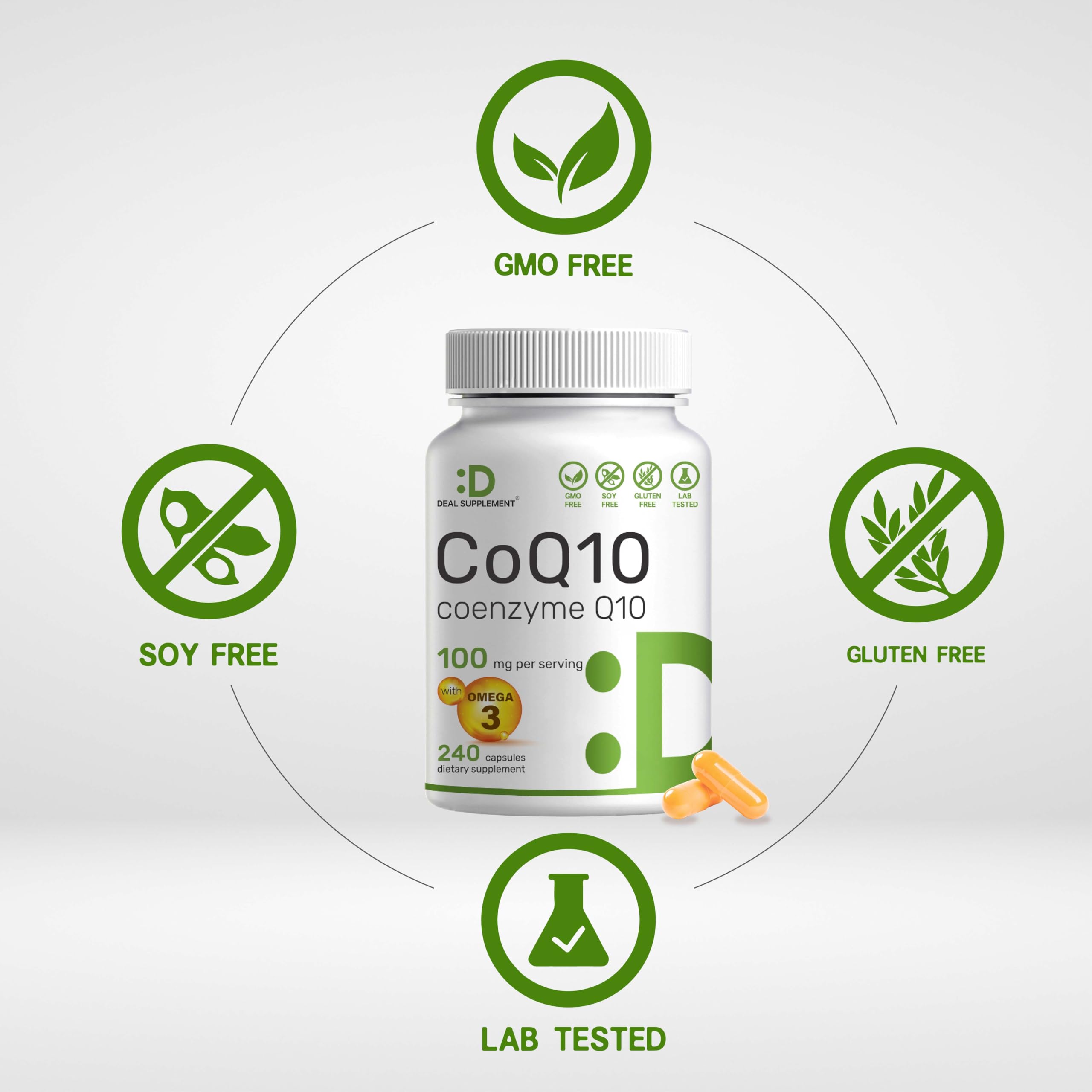 CoQ10 100mg, 240 Capsules – with Omega 3 Fatty Acid 100mg – Bioavailable Coenzyme DEAL SUPPLEMENT buy supplements canada