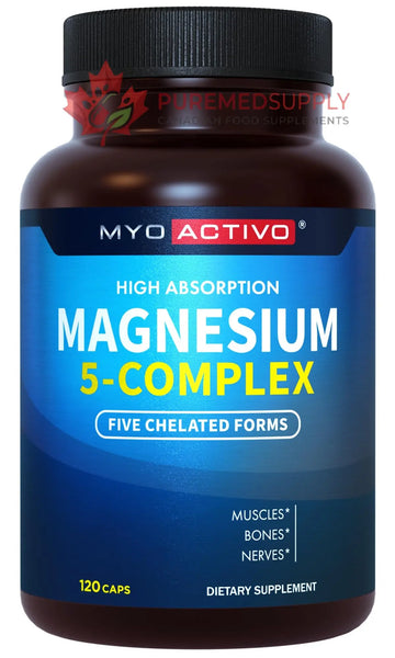 MyoActivo 5-in-1 Magnesium Complex - High Absorption - Chelated Magnesium Glycinate, Malate, Citrate, Taurate, & Aspartate for Nerves, Muscles, Bones | 120 Capsules | Magnesium Supplement MyoActivo buy supplements canada