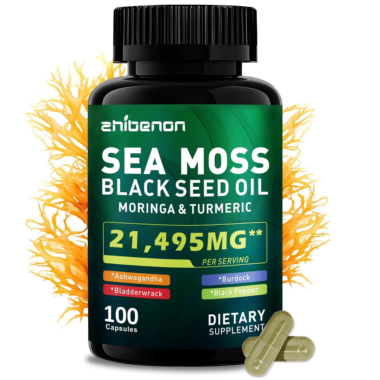 Zhibenon Sea Moss Capsules with Bladderwrack & Burdock - 50 Day Supply - Powerful Formula with Black Seed Oil, Ashwagandha, Turmeric, Vitamin C, Vitamin D3, Moringa & Black Pepper Extract Zhibenon buy supplements canada